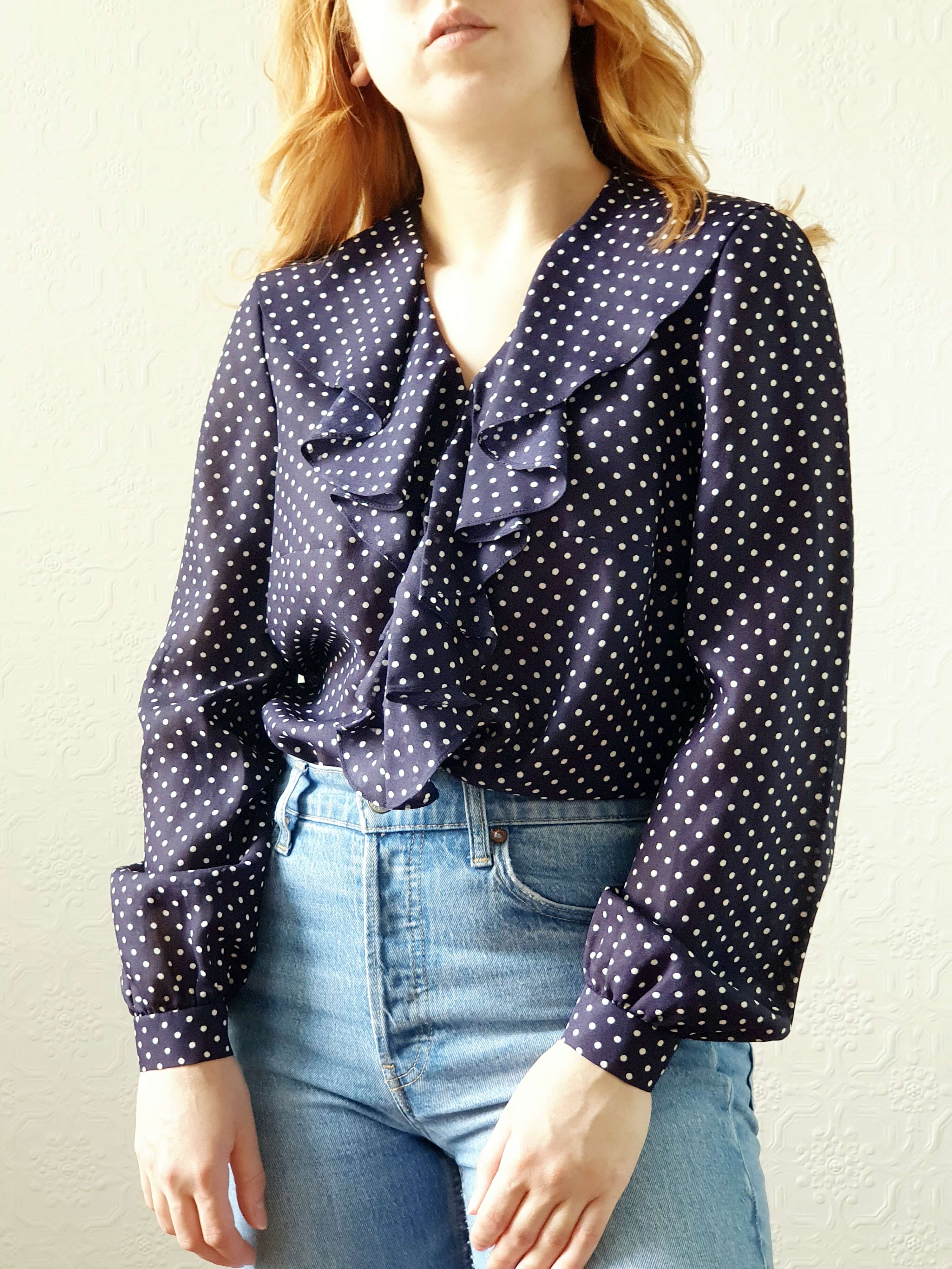 Vintage 80s Navy Polka Dot Ruffle Blouse - S/M - Image 6