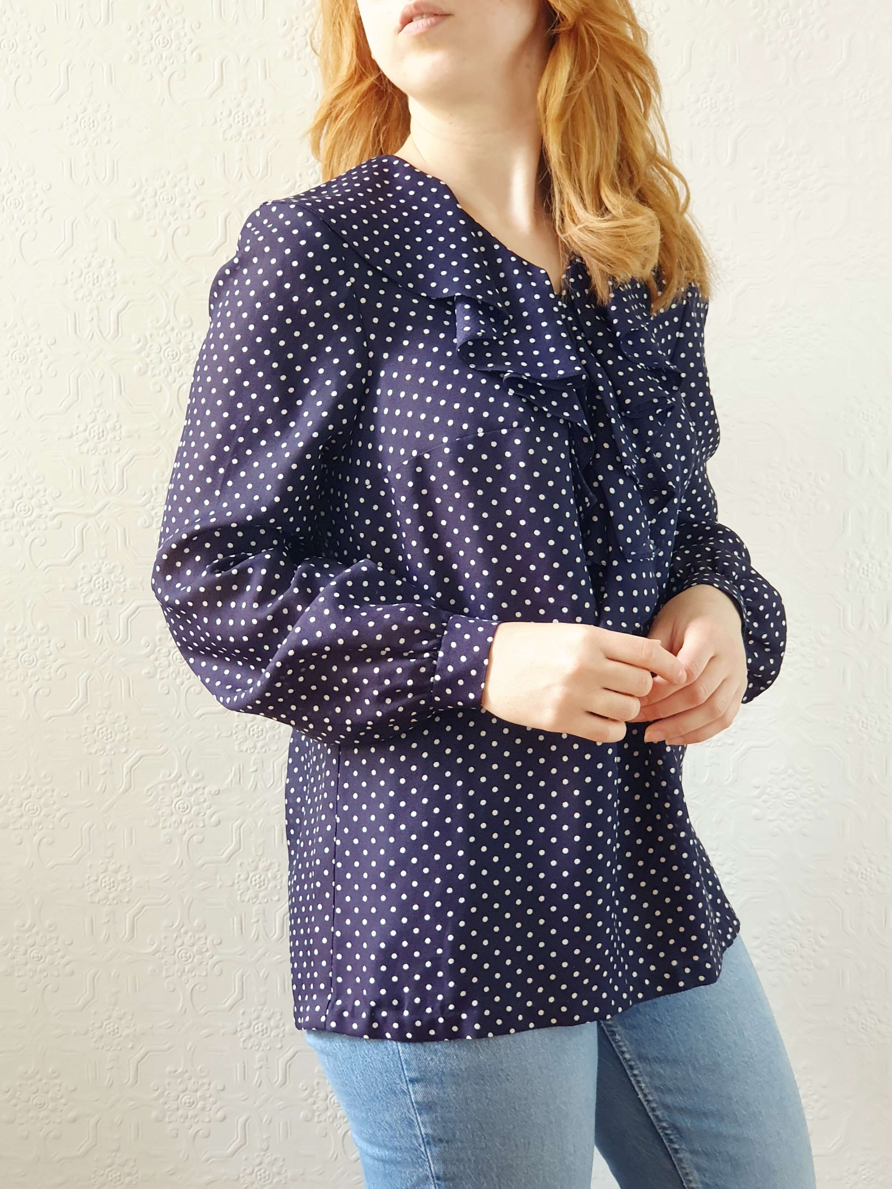 Vintage 80s Navy Polka Dot Ruffle Blouse - S/M - Image 7