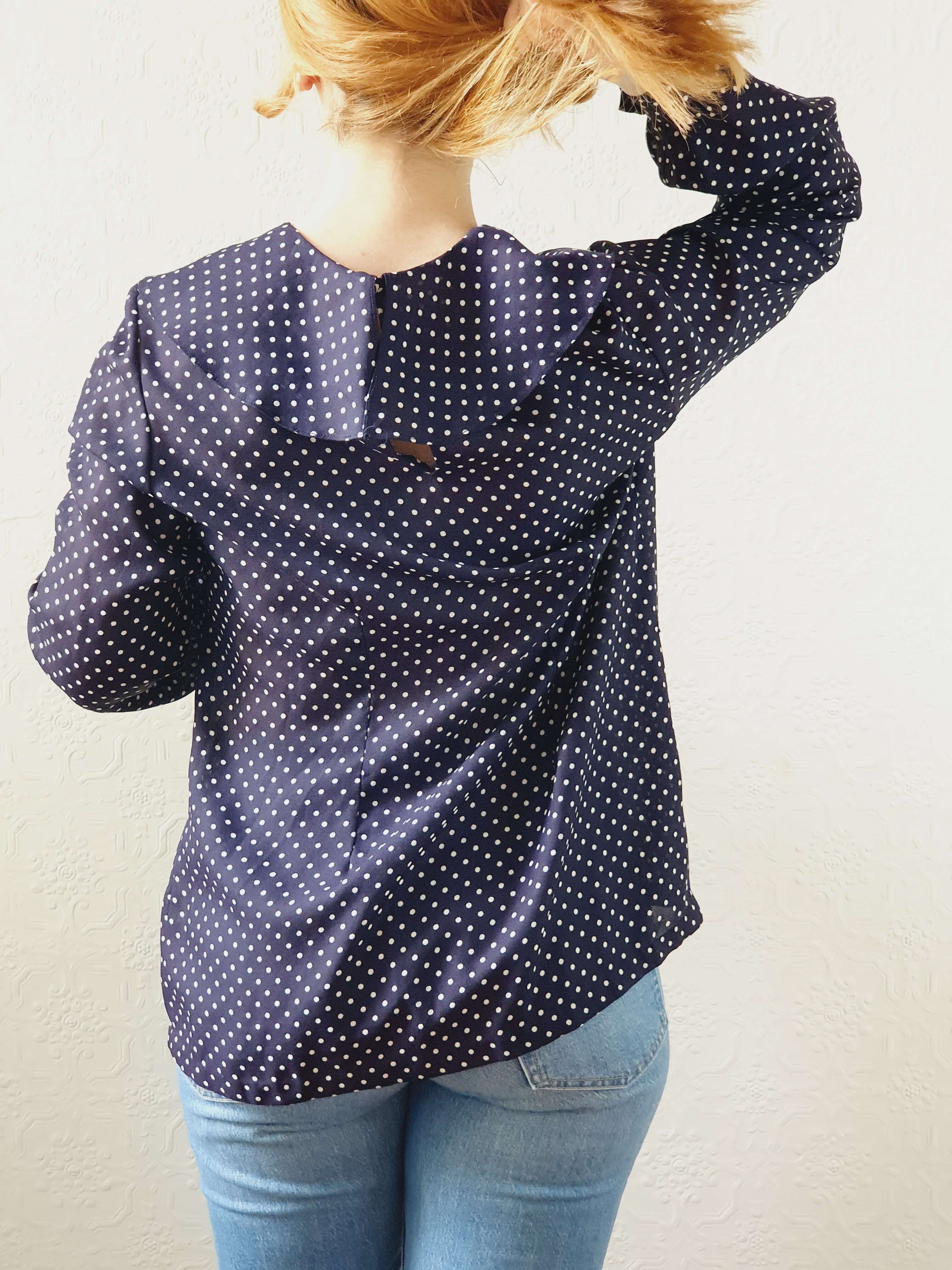 Vintage 80s Navy Polka Dot Ruffle Blouse - S/M - Image 8