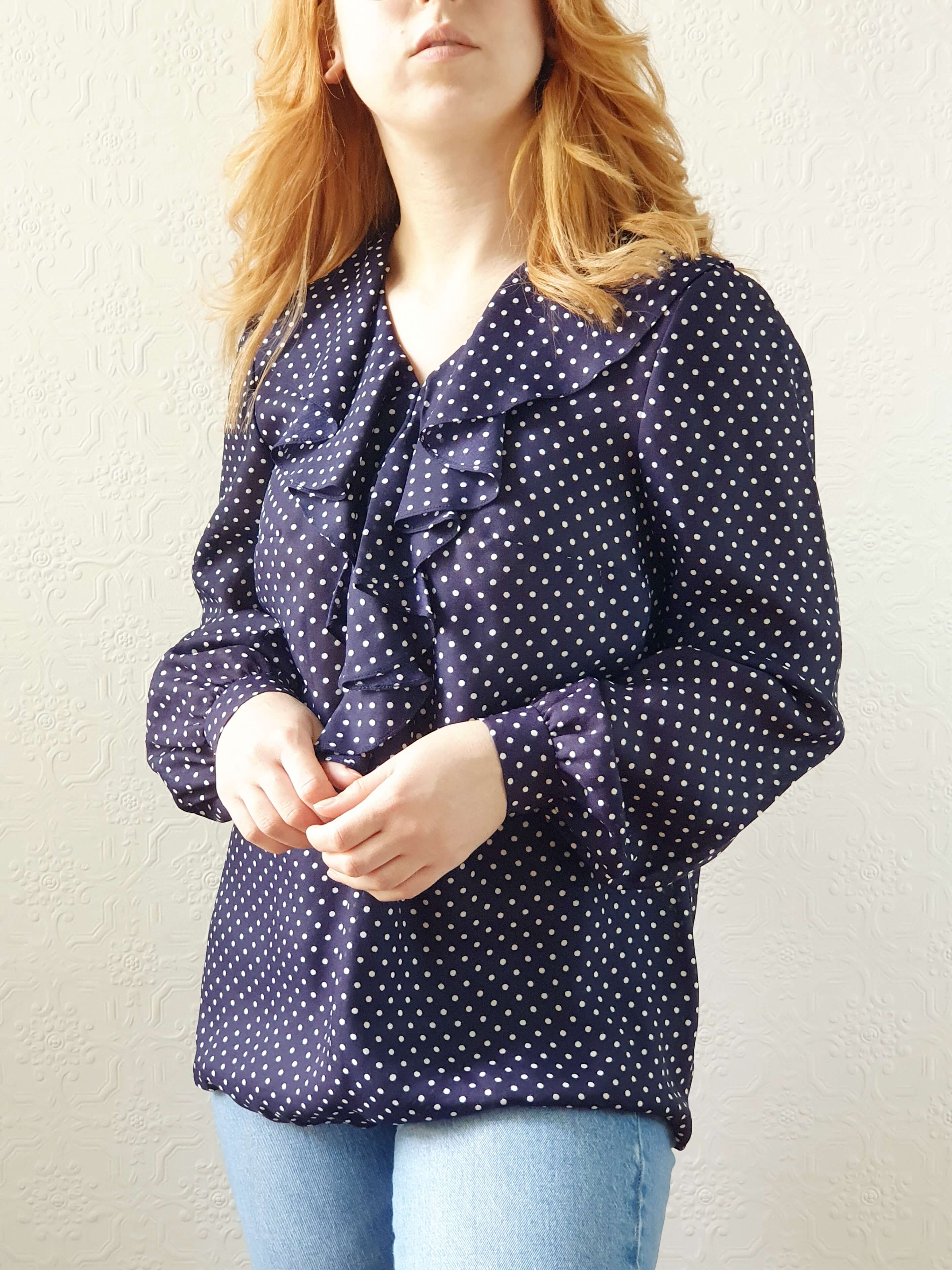 Vintage 80s Navy Polka Dot Ruffle Blouse - S/M - Image 9