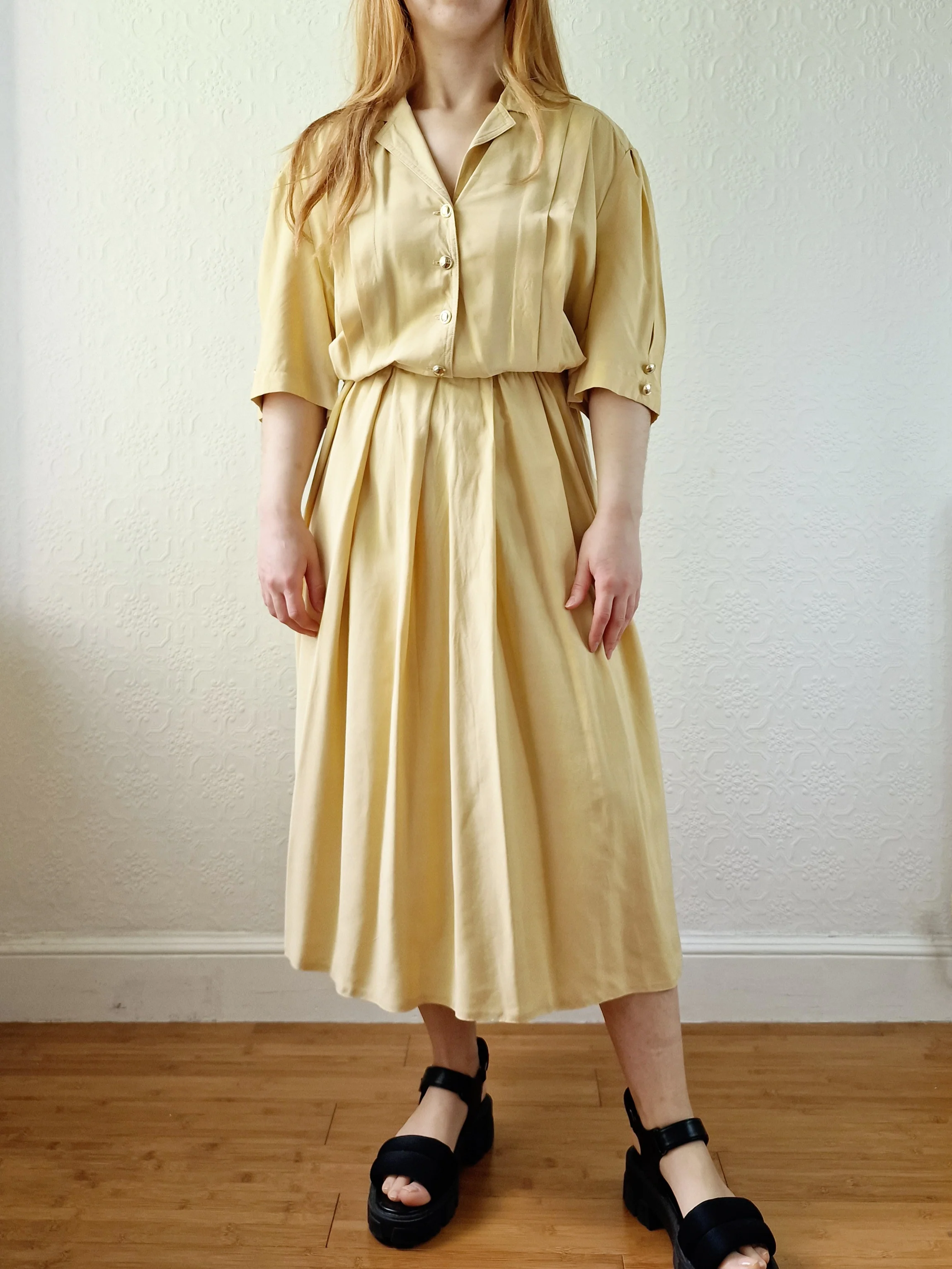 Vintage 80s Ochre Short Sleeve Shirt Dress - L/XL