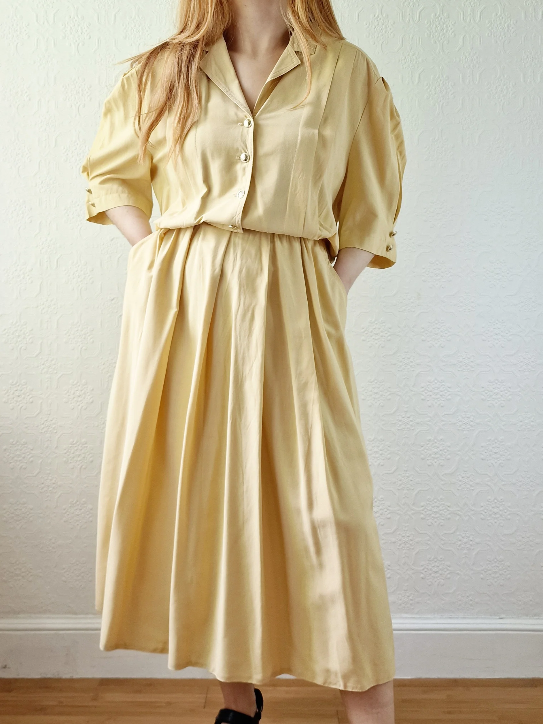 Vintage 80s Ochre Short Sleeve Shirt Dress - L/XL - Image 3