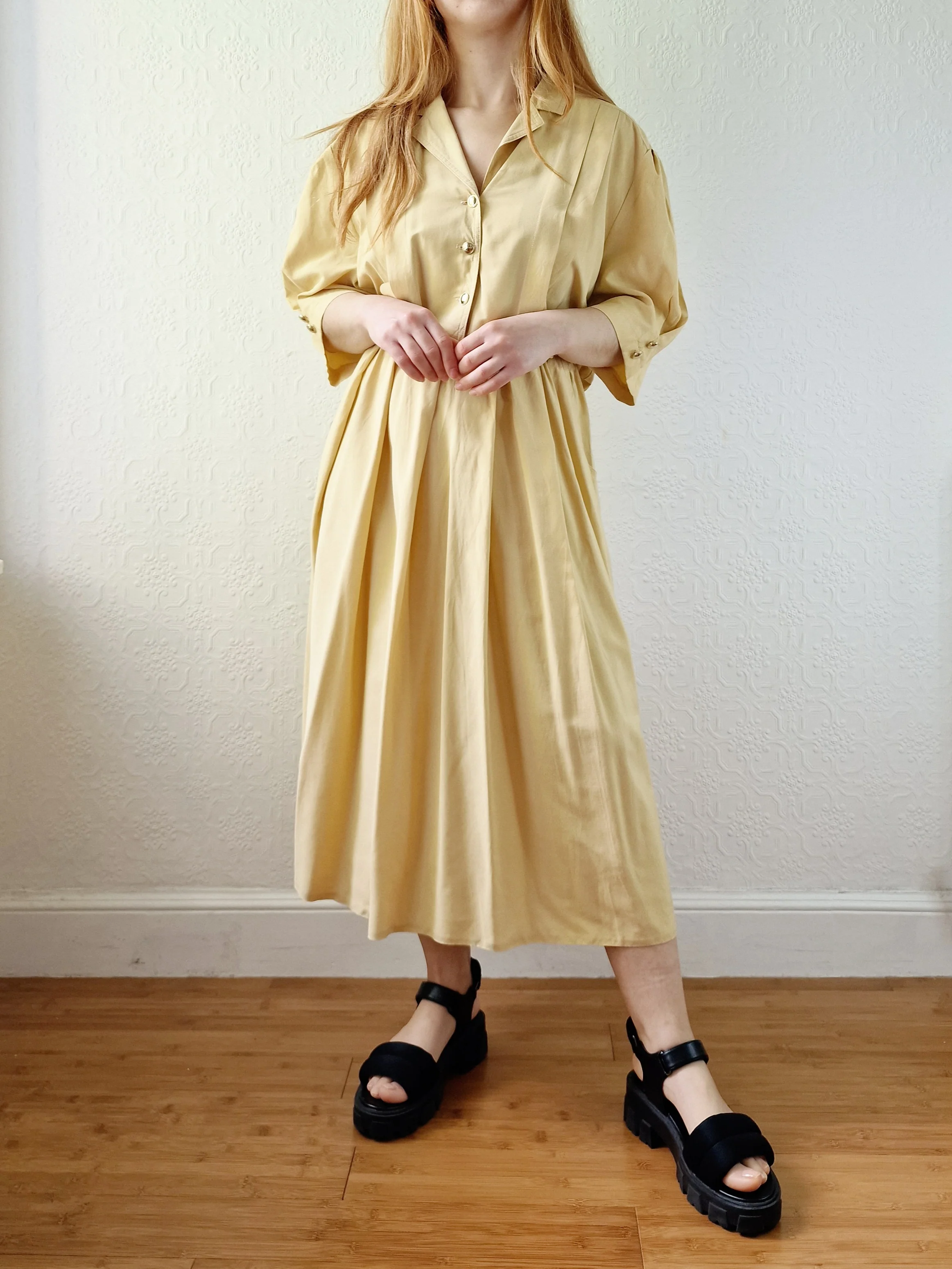 Vintage 80s Ochre Short Sleeve Shirt Dress - L/XL - Image 8