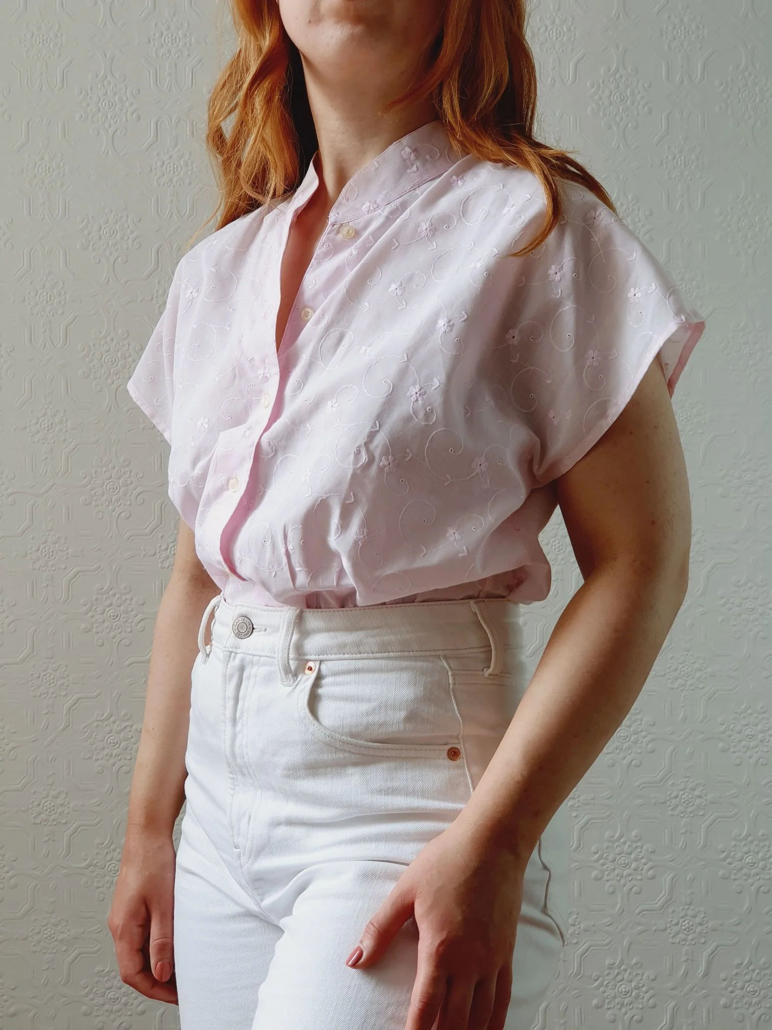 Vintage 80s Pale Pink Broderie Anglaise Blouse - S - Image 2