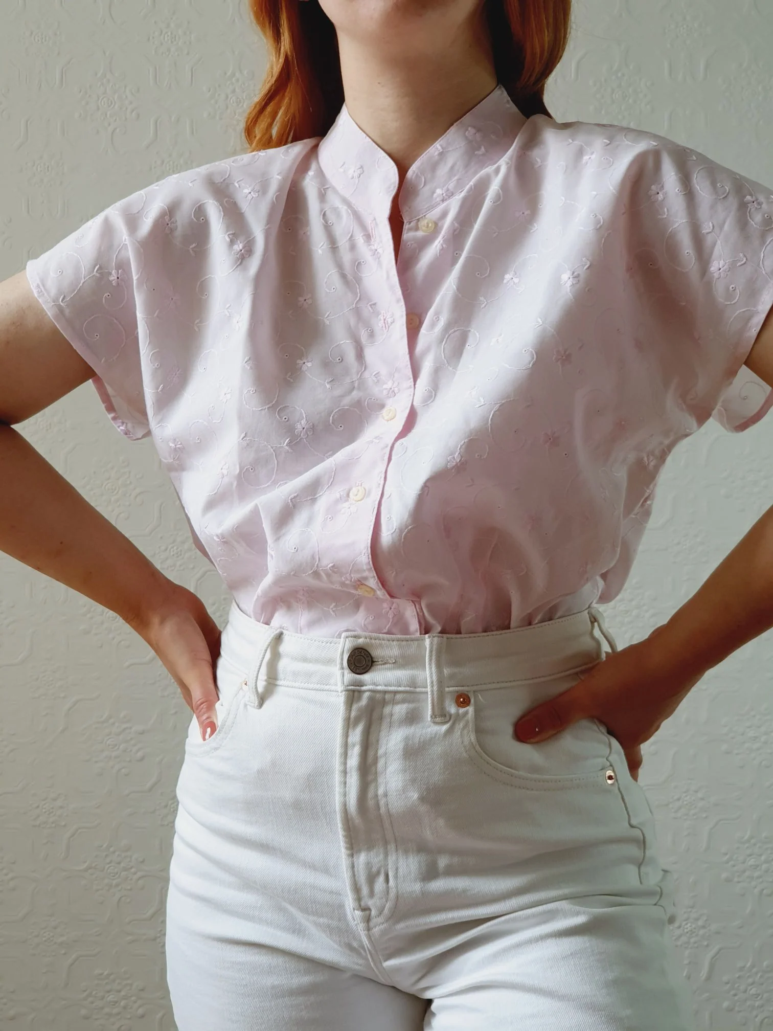 Vintage 80s Pale Pink Broderie Anglaise Blouse - S - Image 5
