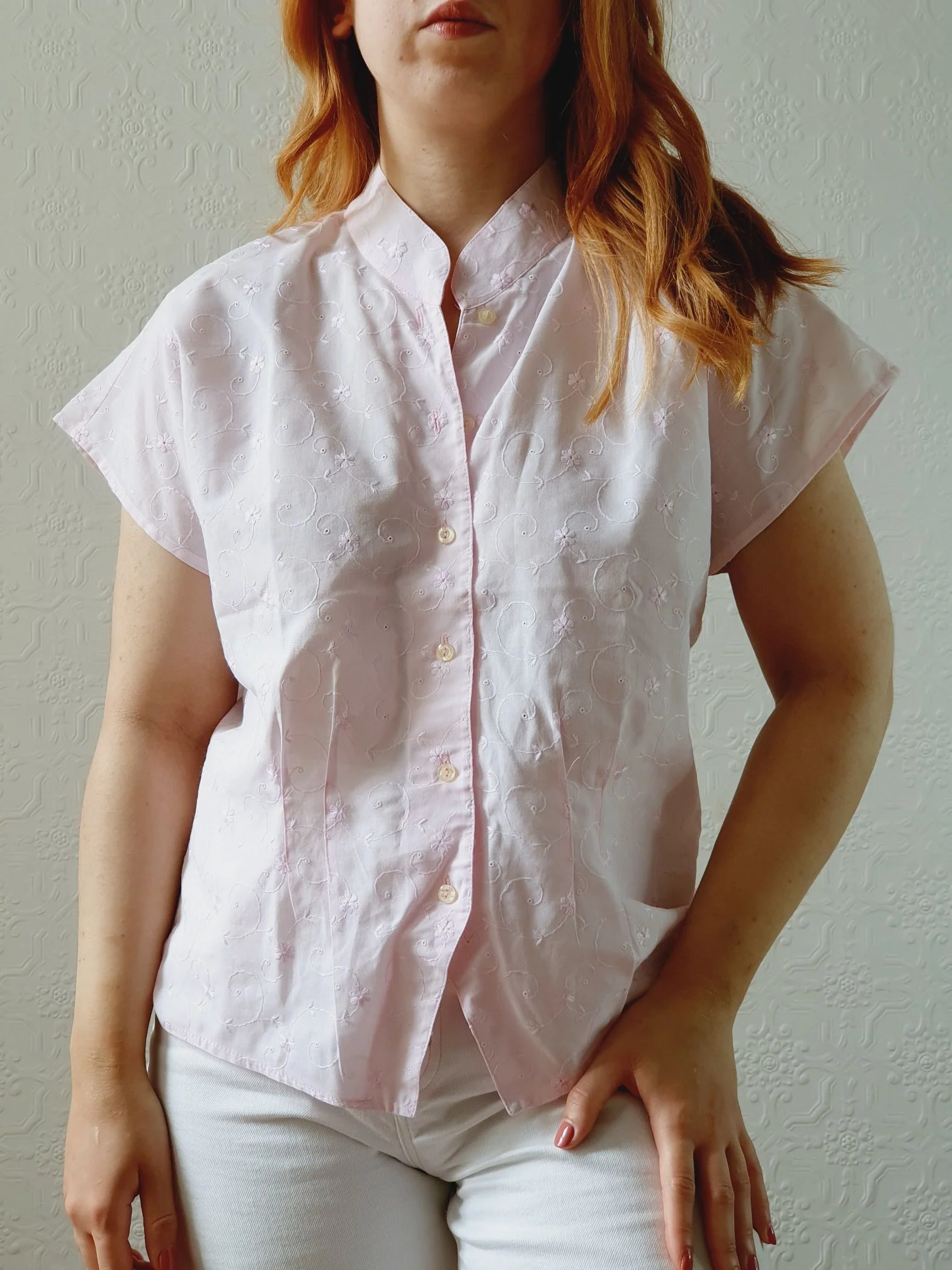Vintage 80s Pale Pink Broderie Anglaise Blouse - S - Image 6