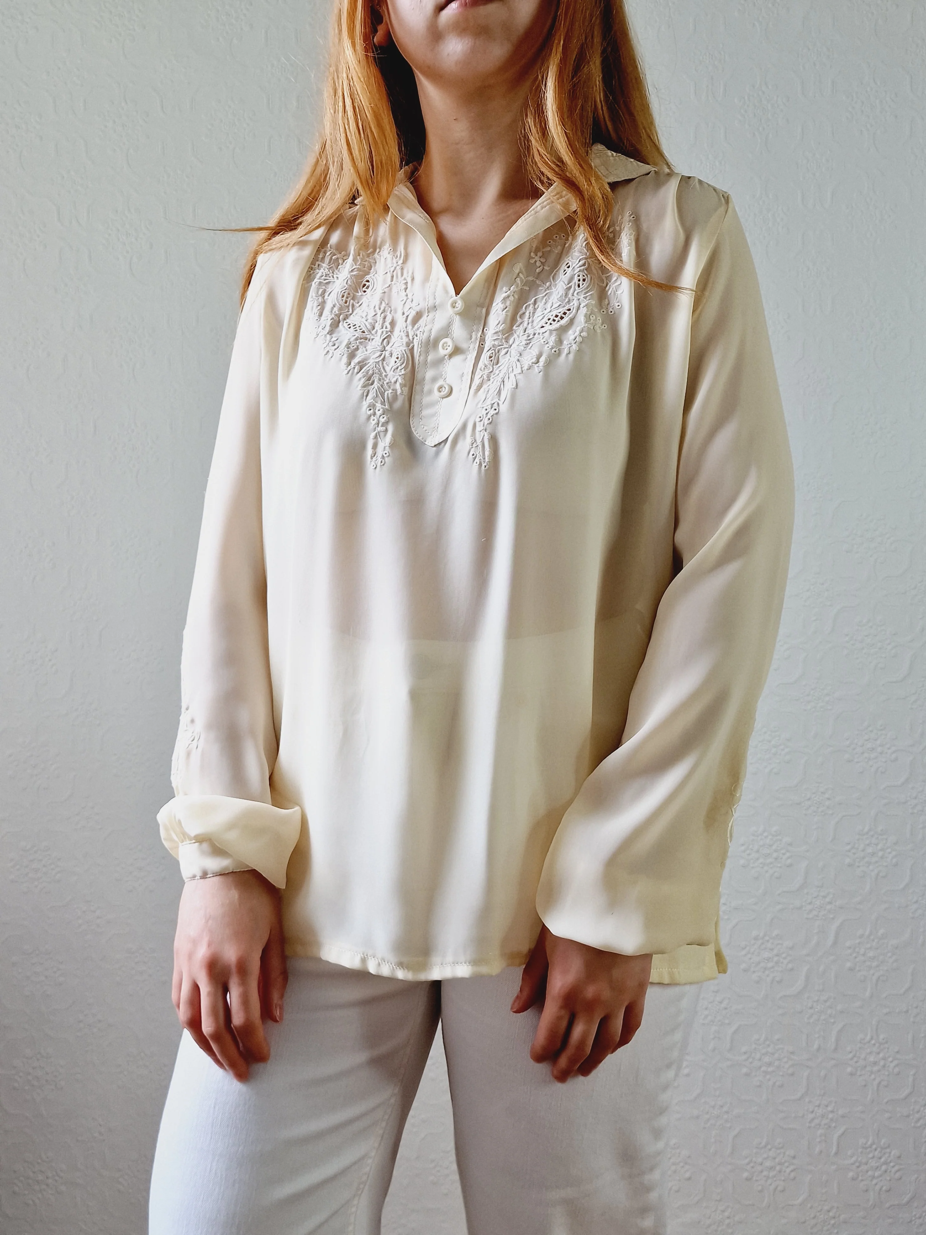 Vintage 80s Pale Yellow Long Sleeve Collared Blouse with Embroidery Detail - S/M - Image 5