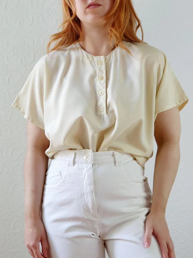Vintage 80s Pale Yellow Short Sleeve Blouse - M/L