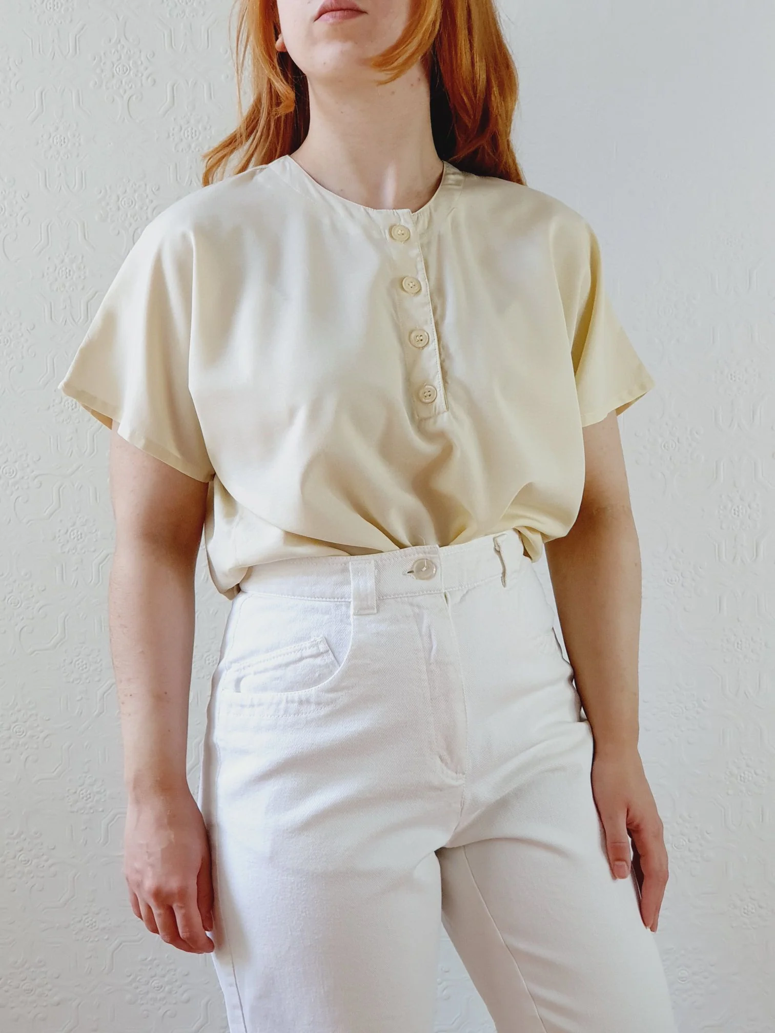 Vintage 80s Pale Yellow Short Sleeve Blouse - M/L - Image 2