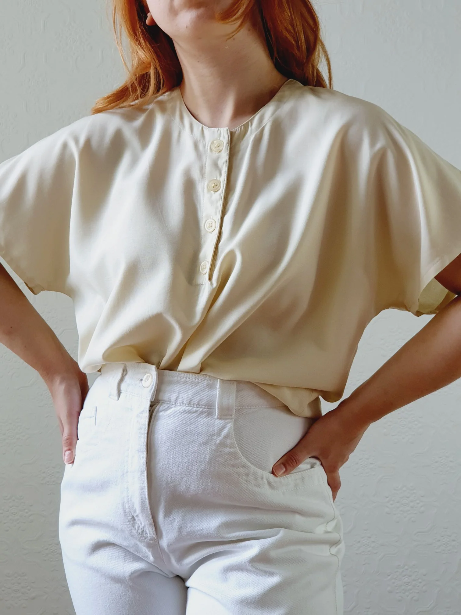 Vintage 80s Pale Yellow Short Sleeve Blouse - M/L - Image 3