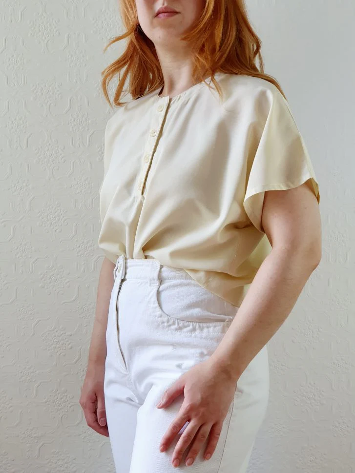 Vintage 80s Pale Yellow Short Sleeve Blouse - M/L - Image 5