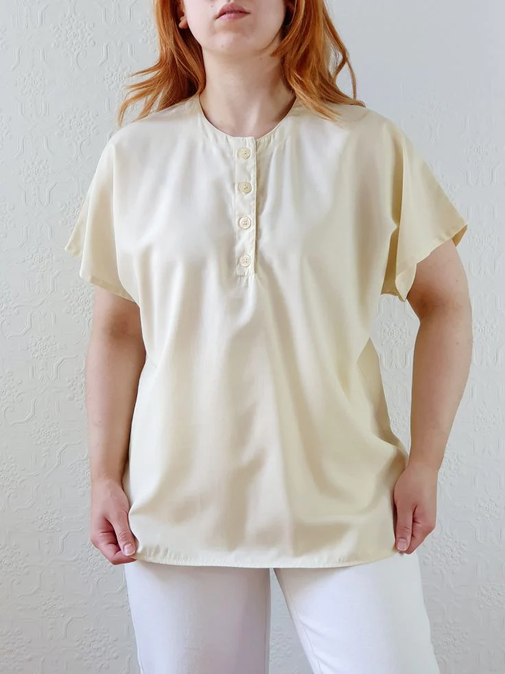 Vintage 80s Pale Yellow Short Sleeve Blouse - M/L - Image 7