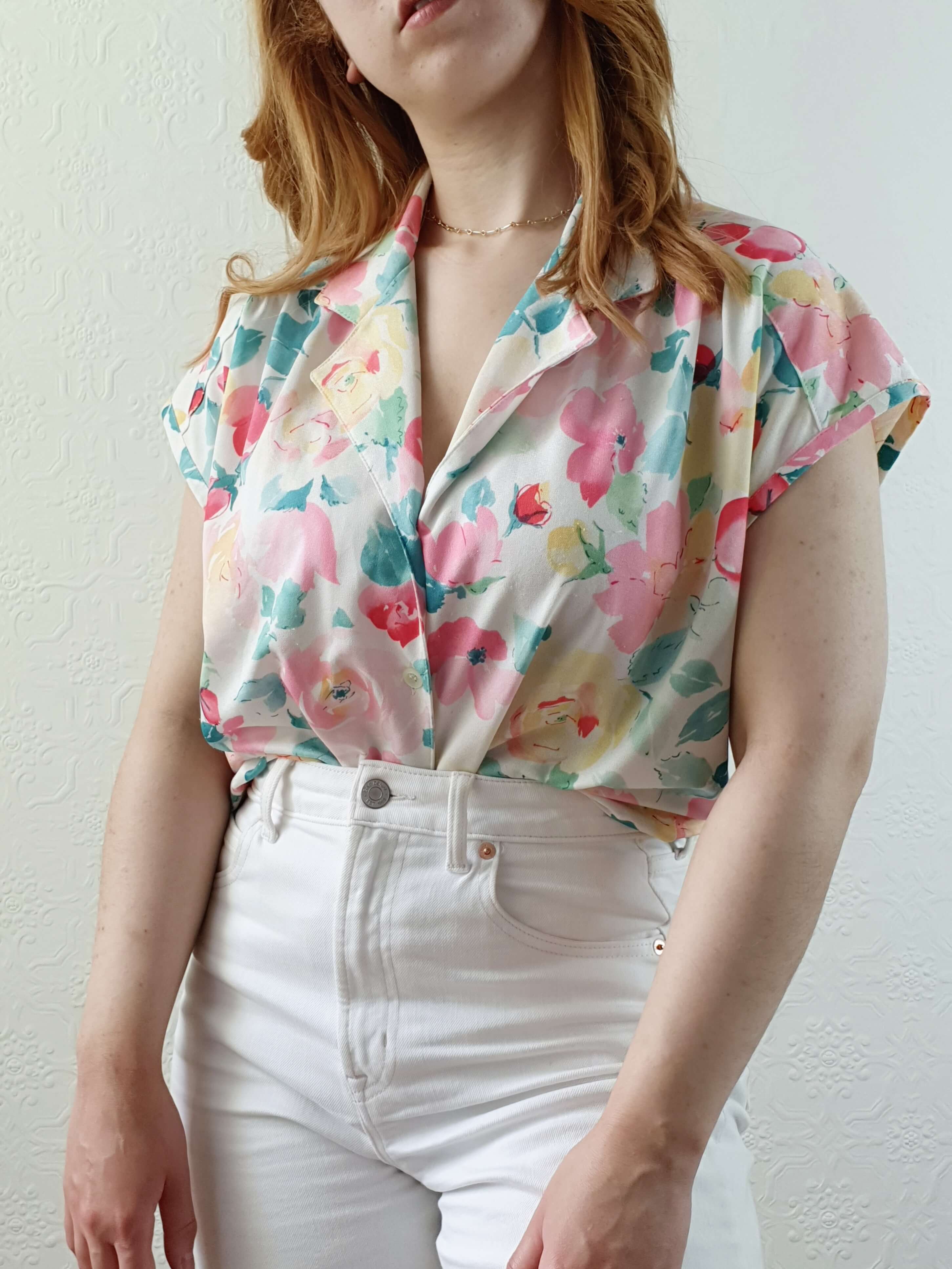 Vintage 80s Pastel Floral Cap Sleeve Blouse - M
