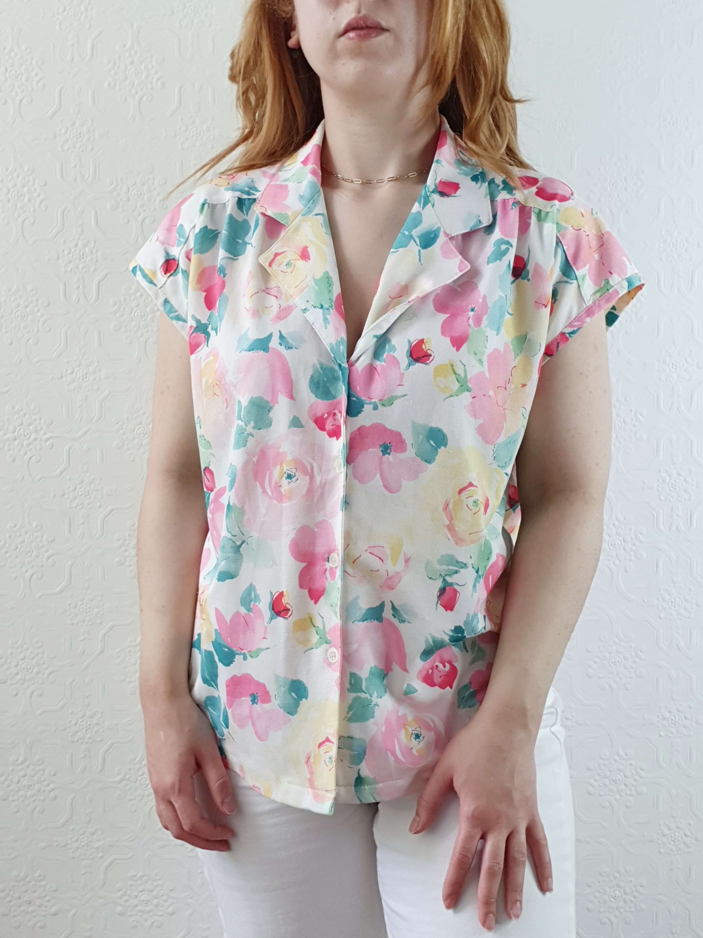 Vintage 80s Pastel Floral Cap Sleeve Blouse - M - Image 10