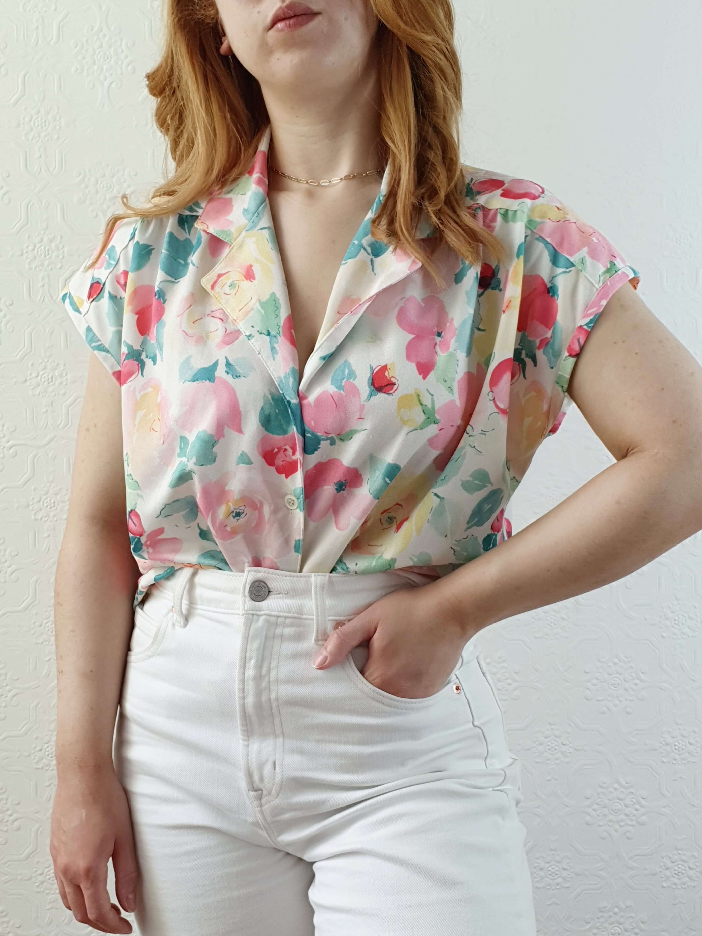 Vintage 80s Pastel Floral Cap Sleeve Blouse - M - Image 2
