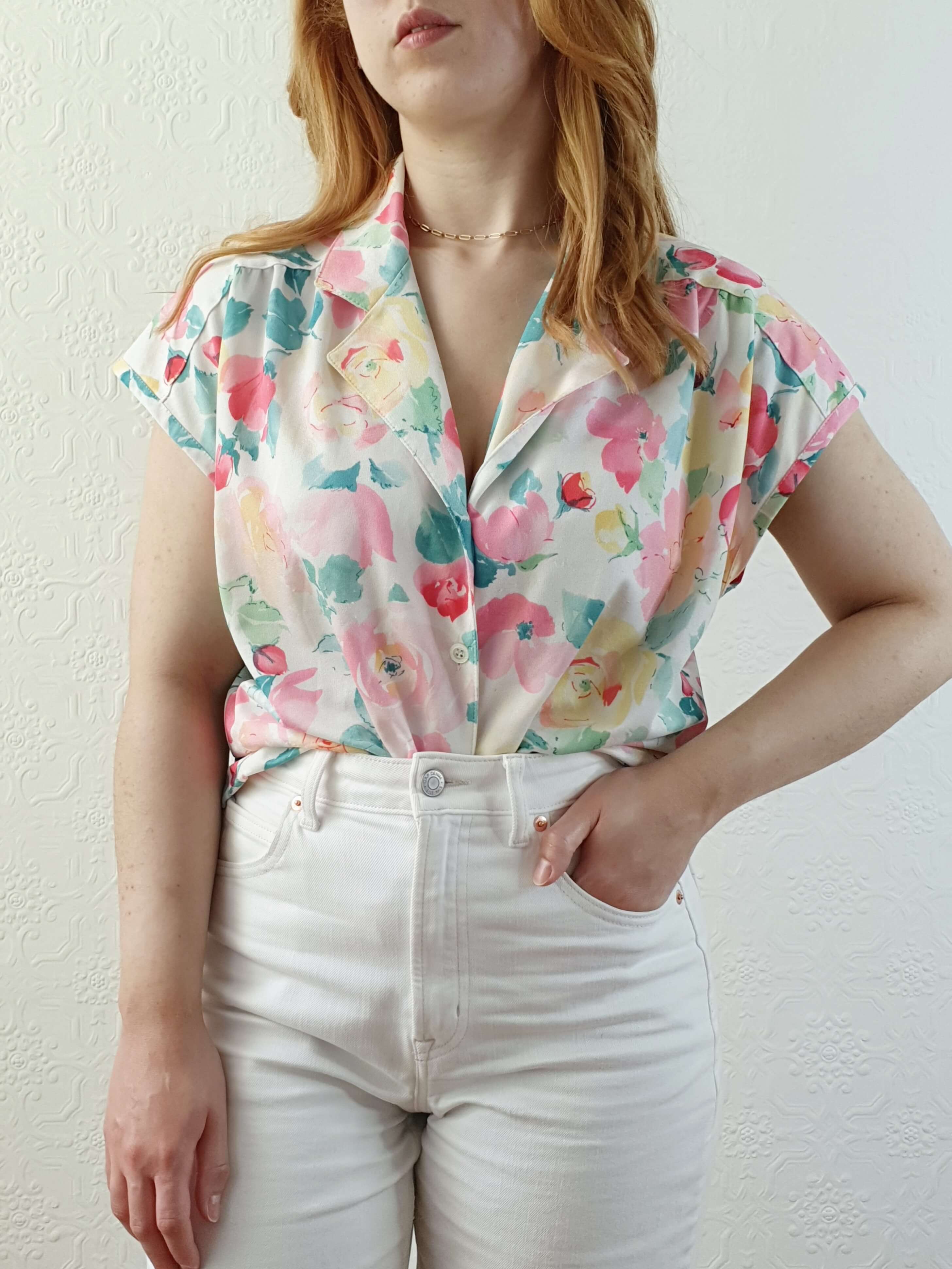 Vintage 80s Pastel Floral Cap Sleeve Blouse - M - Image 3