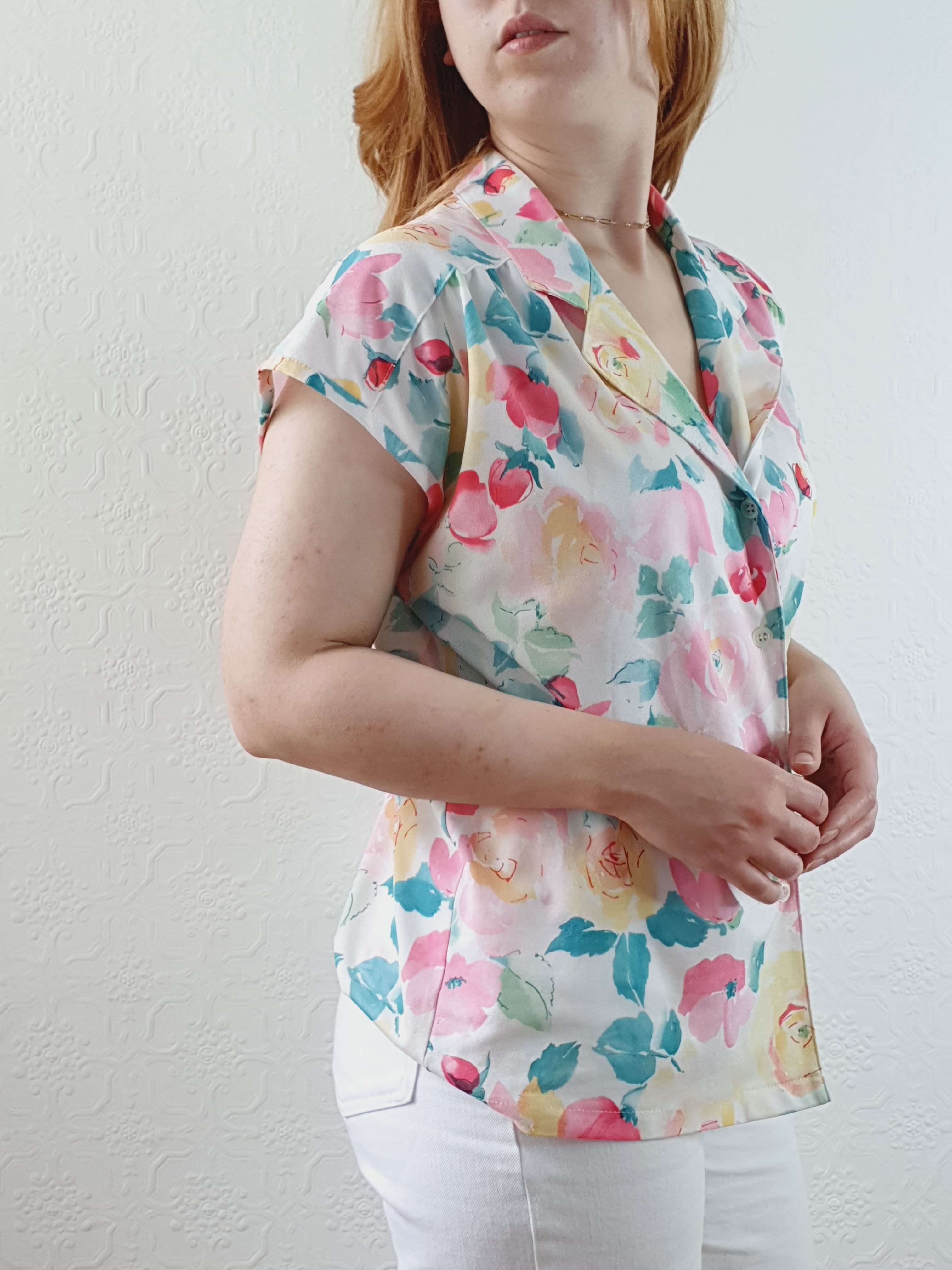 Vintage 80s Pastel Floral Cap Sleeve Blouse - M - Image 4