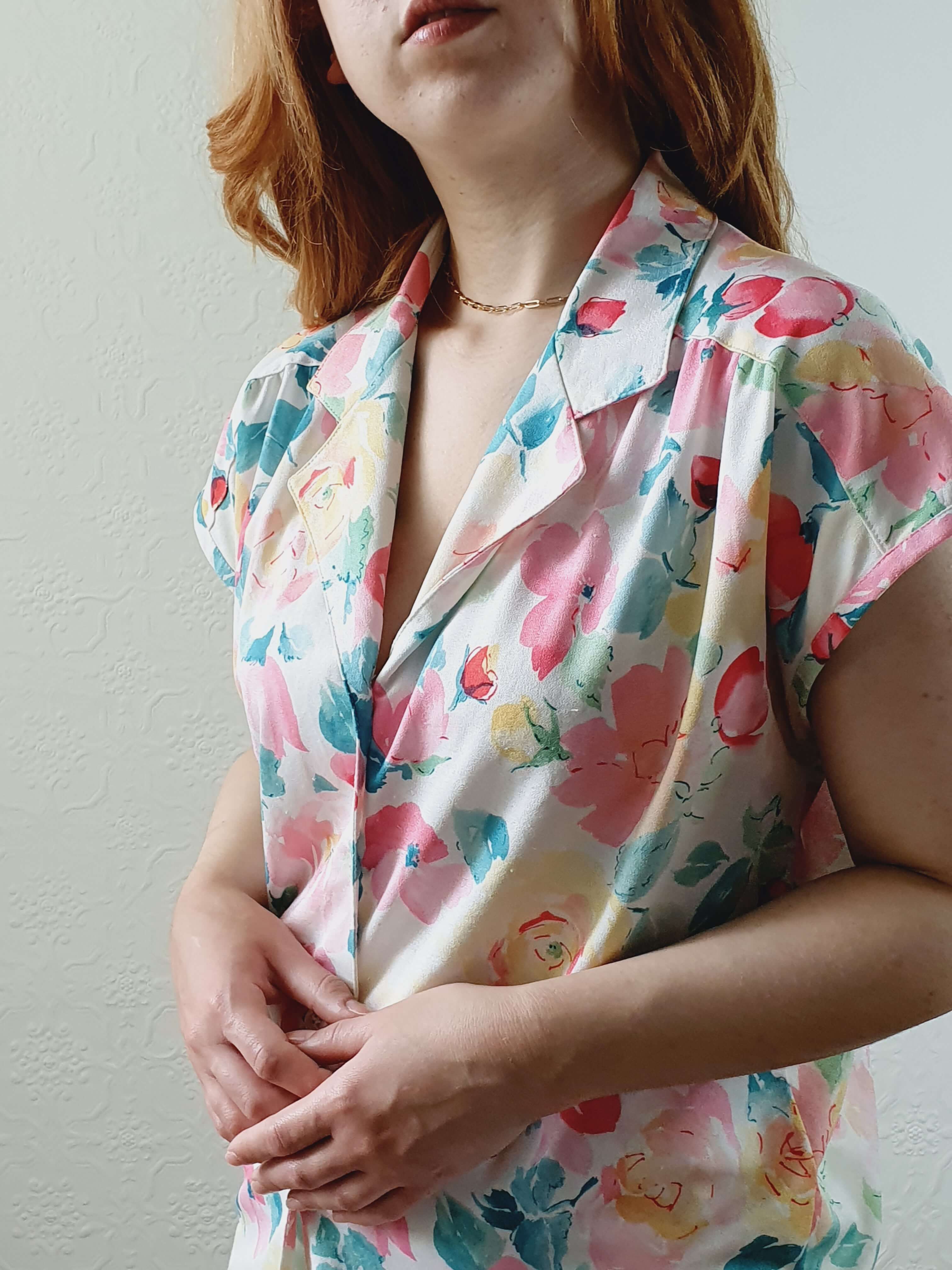 Vintage 80s Pastel Floral Cap Sleeve Blouse - M - Image 5