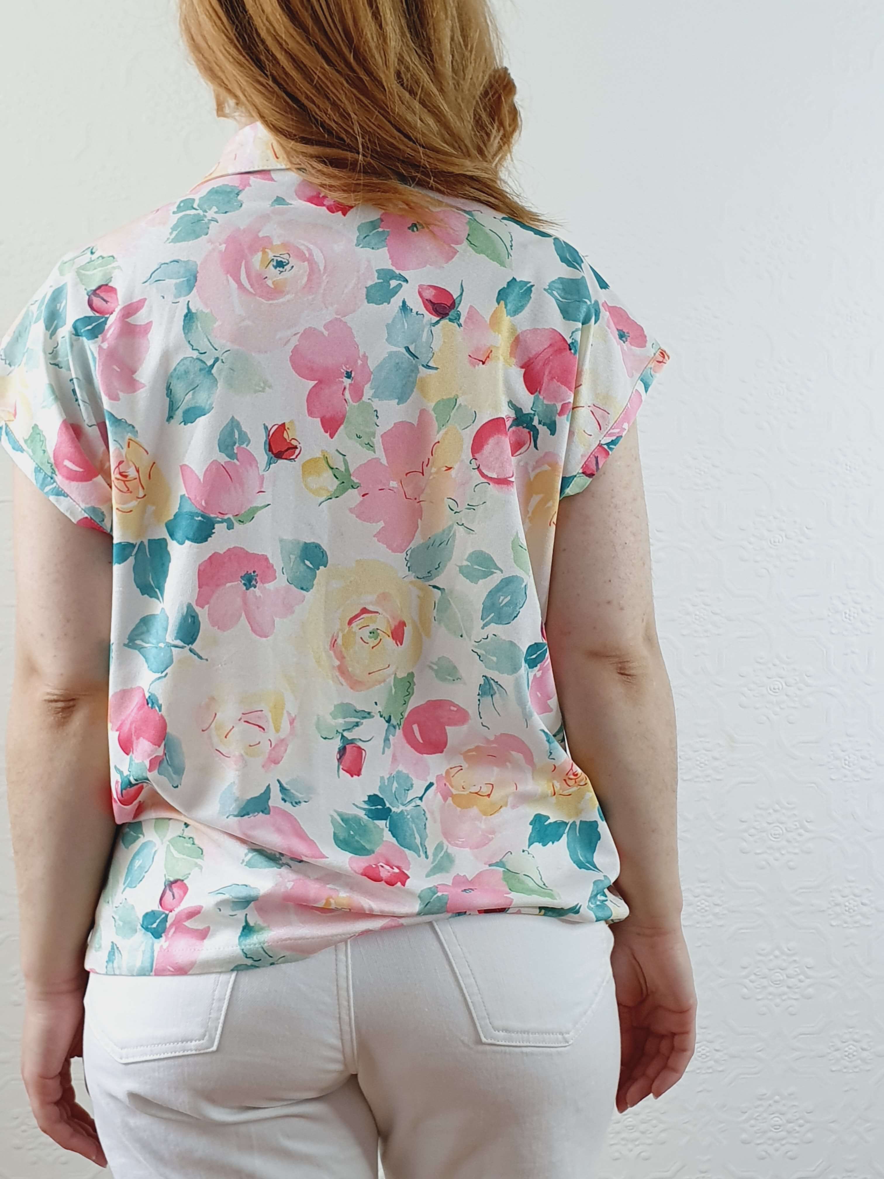 Vintage 80s Pastel Floral Cap Sleeve Blouse - M - Image 6