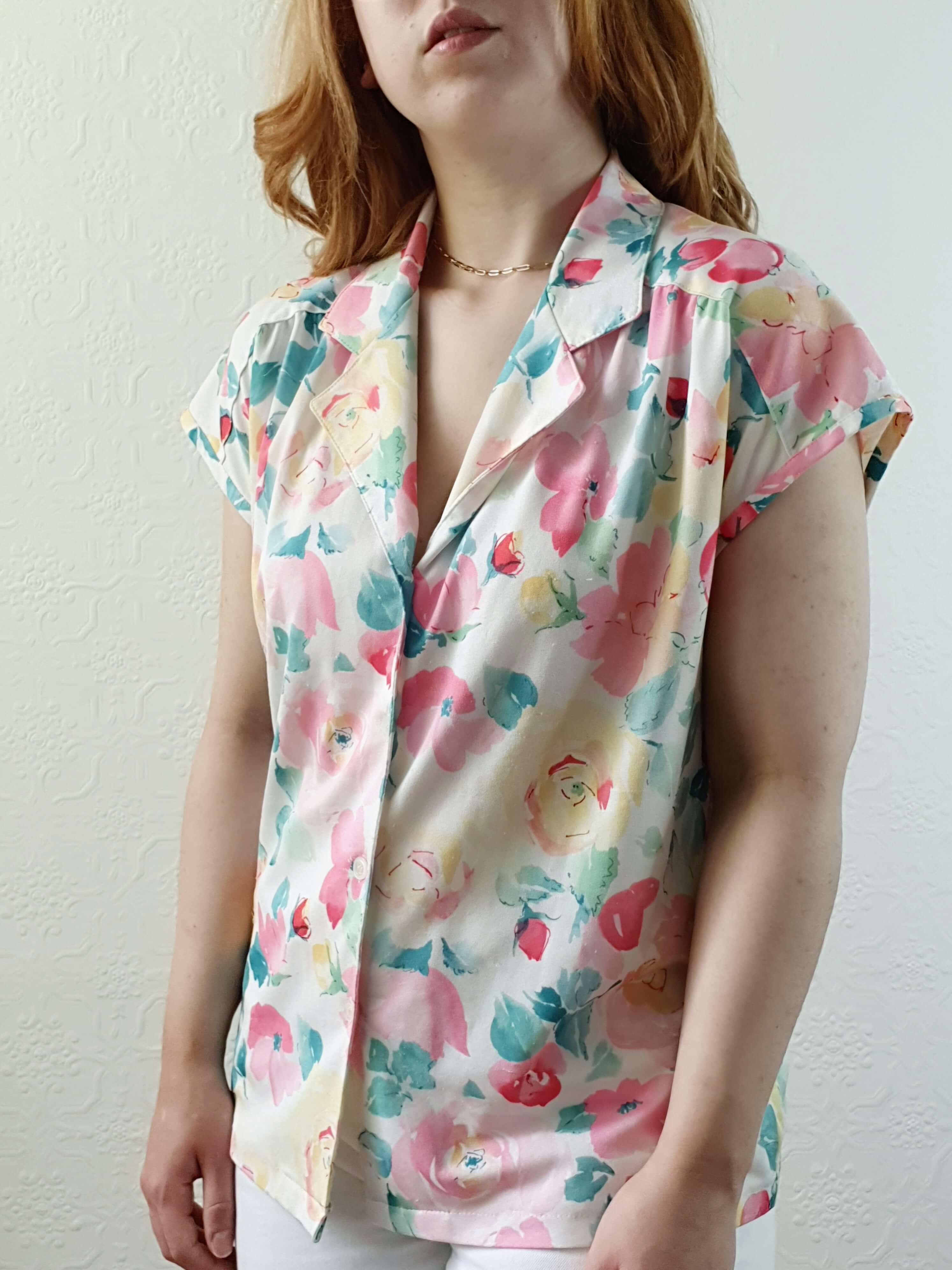 Vintage 80s Pastel Floral Cap Sleeve Blouse - M - Image 7