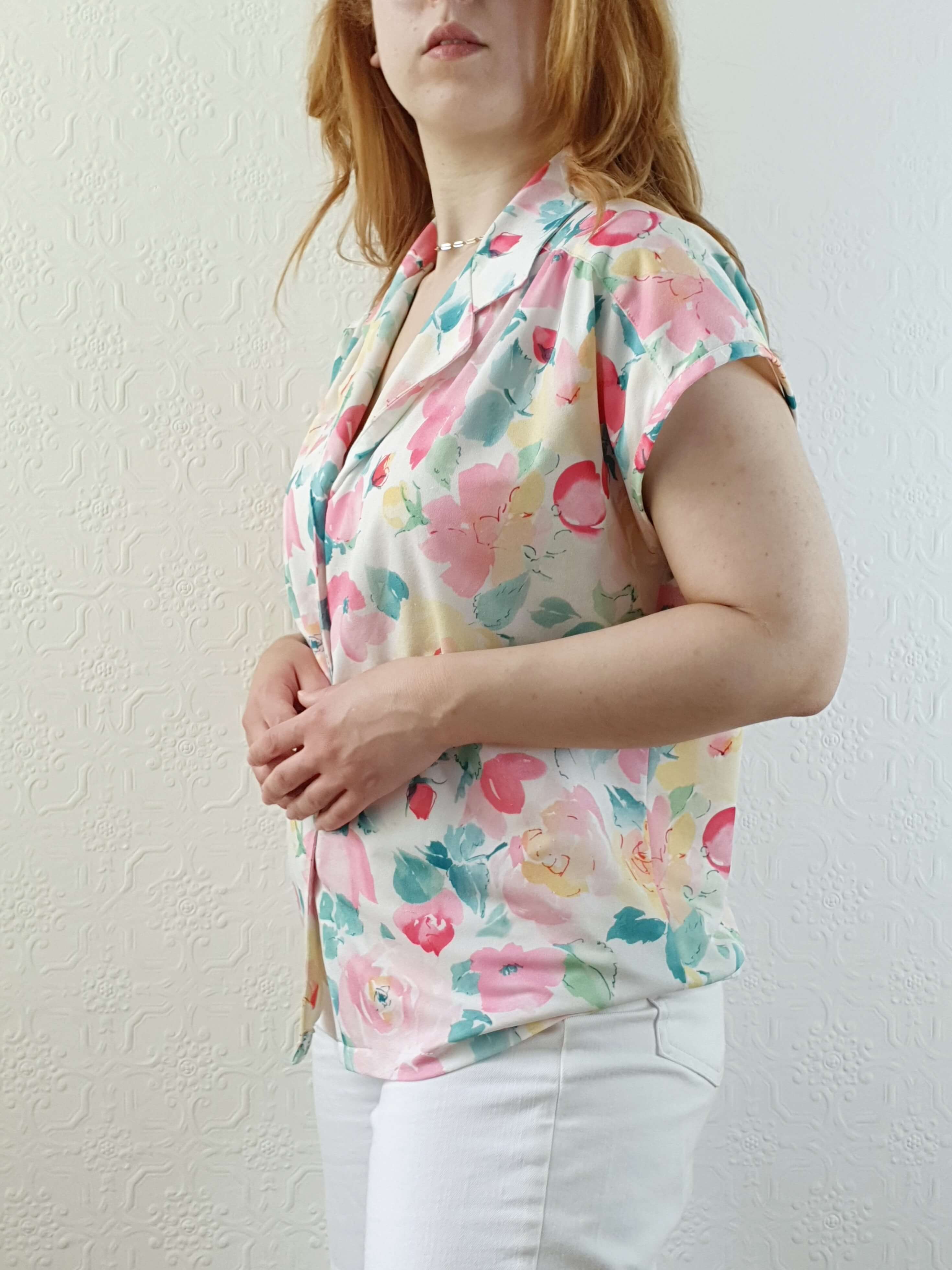 Vintage 80s Pastel Floral Cap Sleeve Blouse - M - Image 8