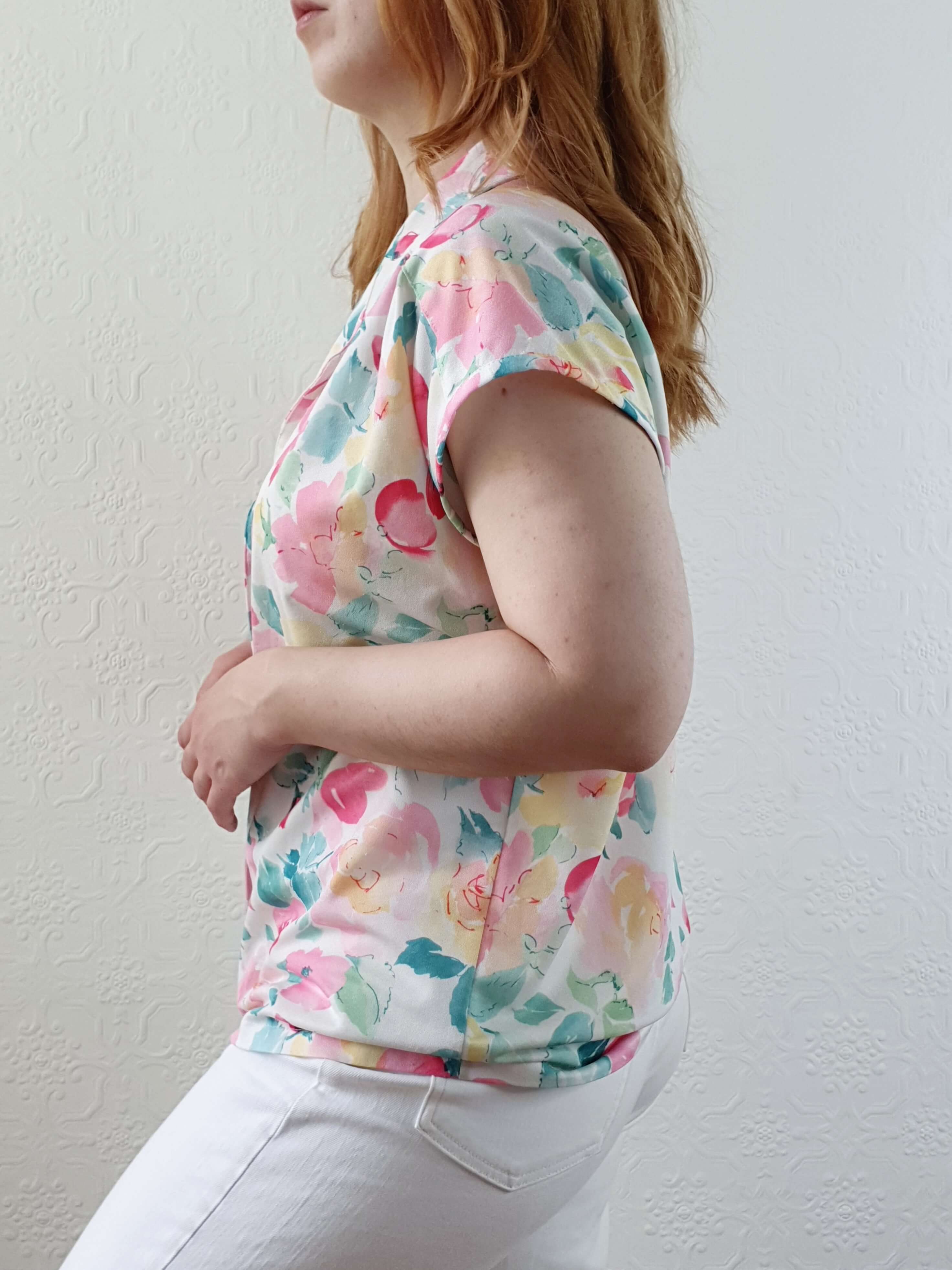 Vintage 80s Pastel Floral Cap Sleeve Blouse - M - Image 9