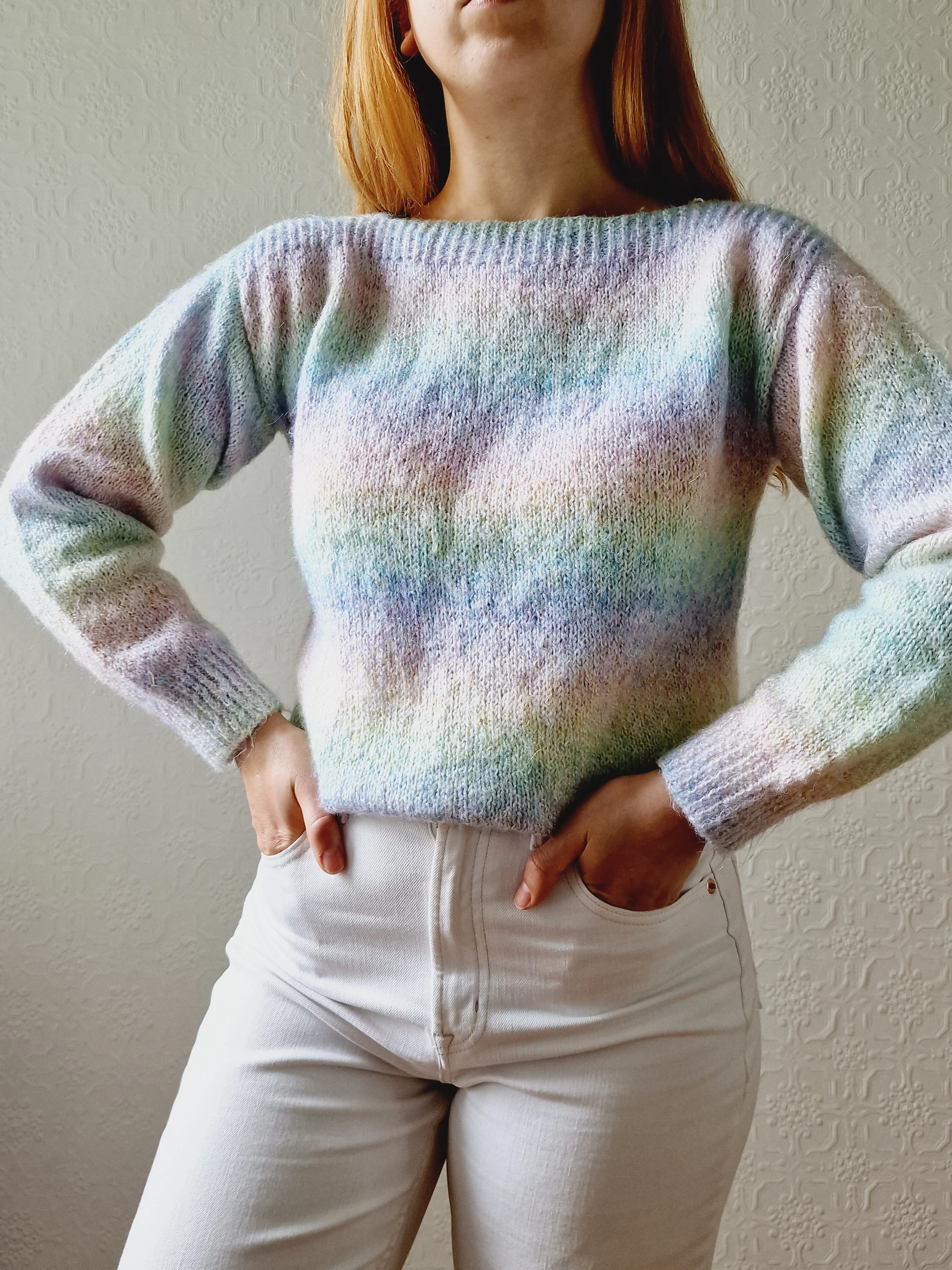 Vintage 80s Pastel Rainbow Handknitted Jumper with Boat Neck - S - Image 2