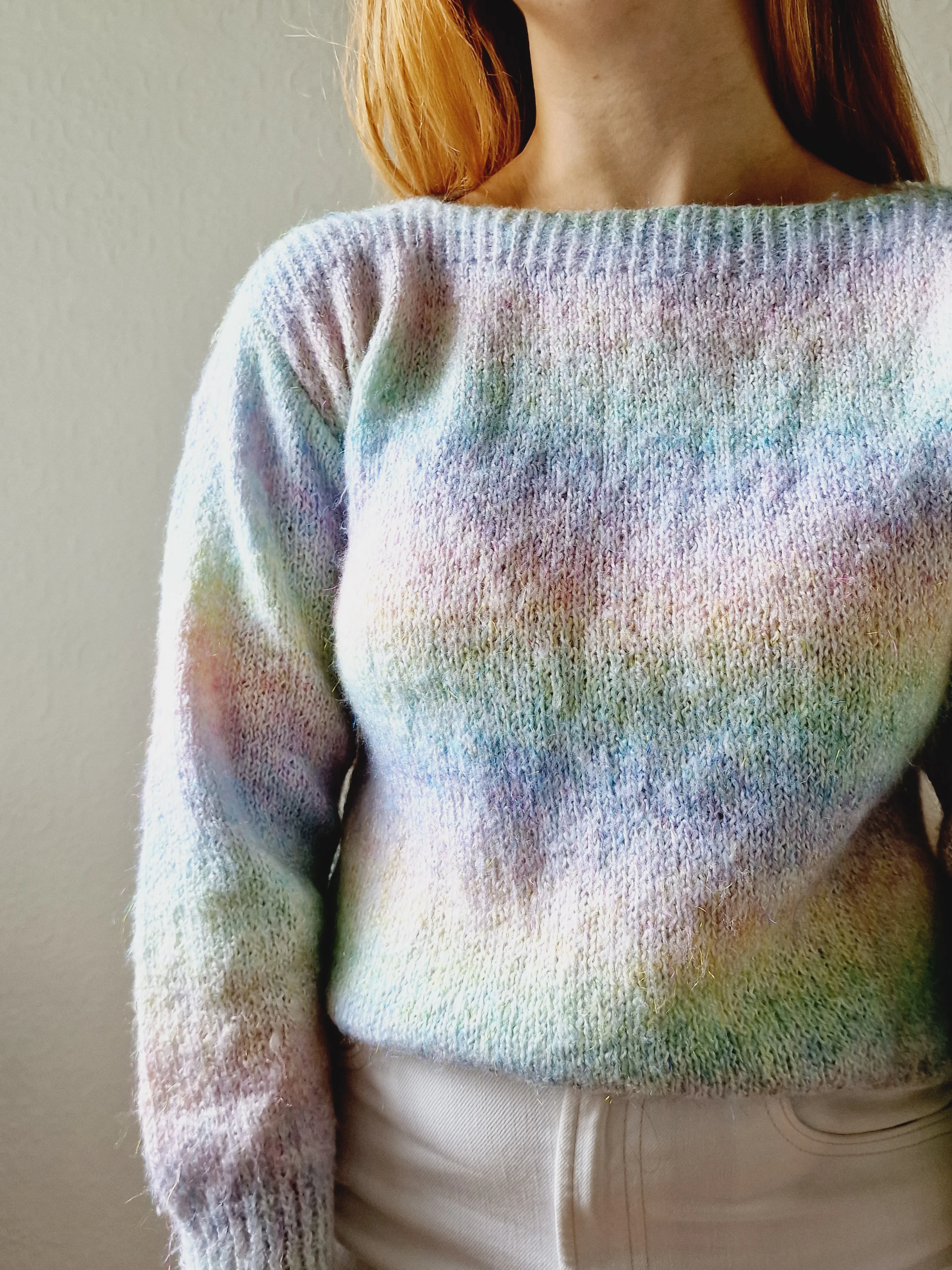 Vintage 80s Pastel Rainbow Handknitted Jumper with Boat Neck - S - Image 3