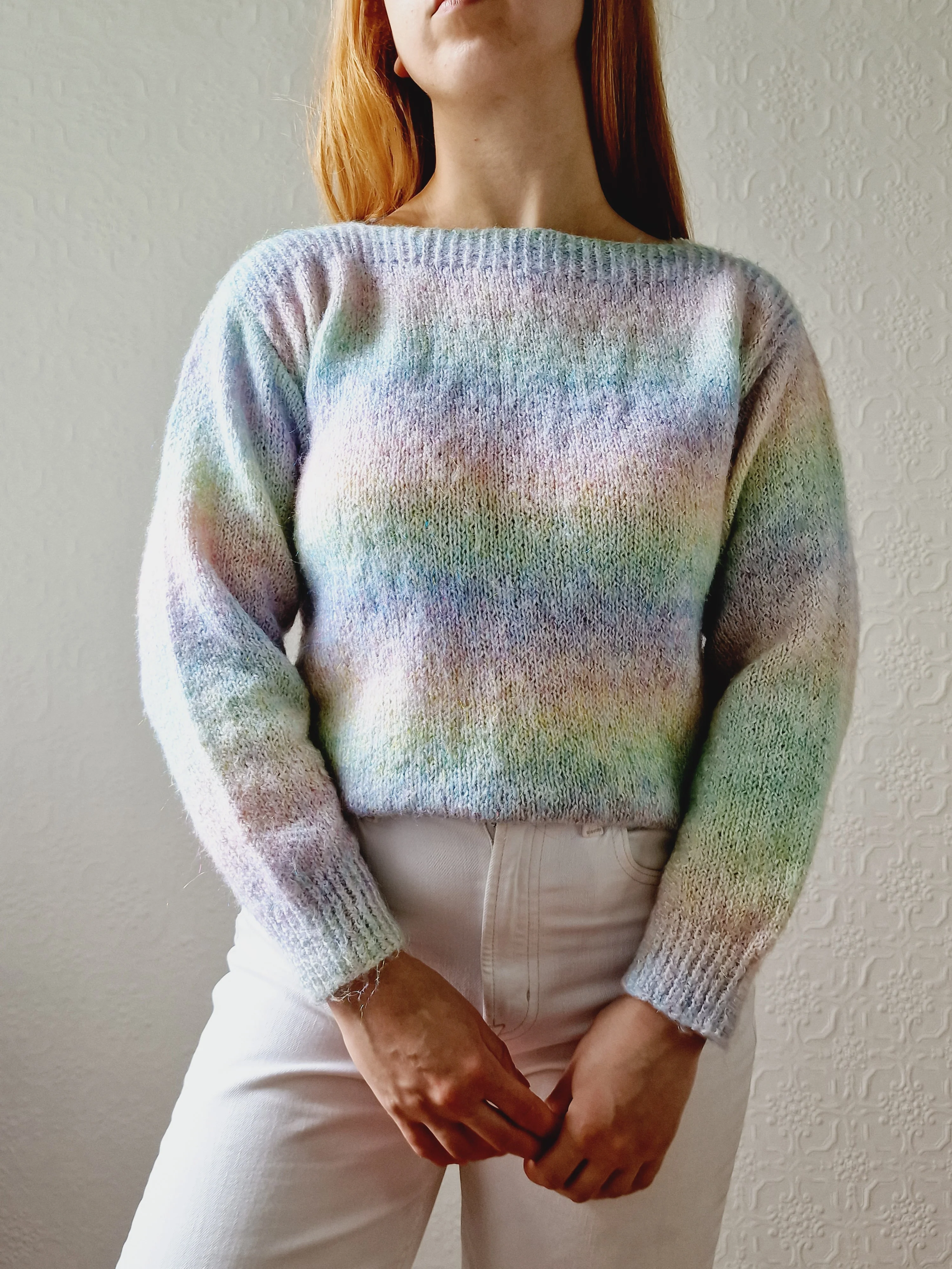 Vintage 80s Pastel Rainbow Handknitted Jumper with Boat Neck - S - Image 4