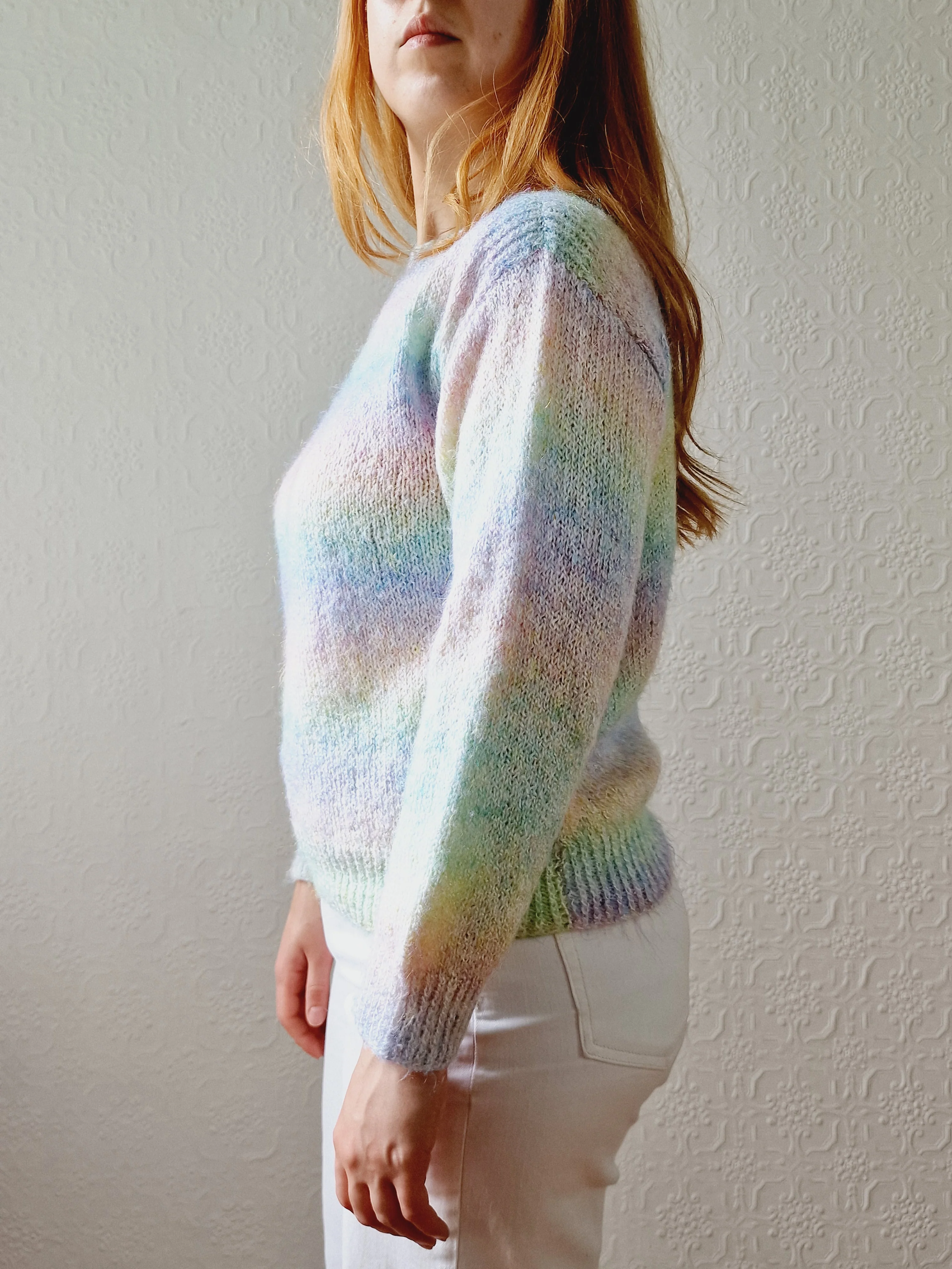 Vintage 80s Pastel Rainbow Handknitted Jumper with Boat Neck - S - Image 5