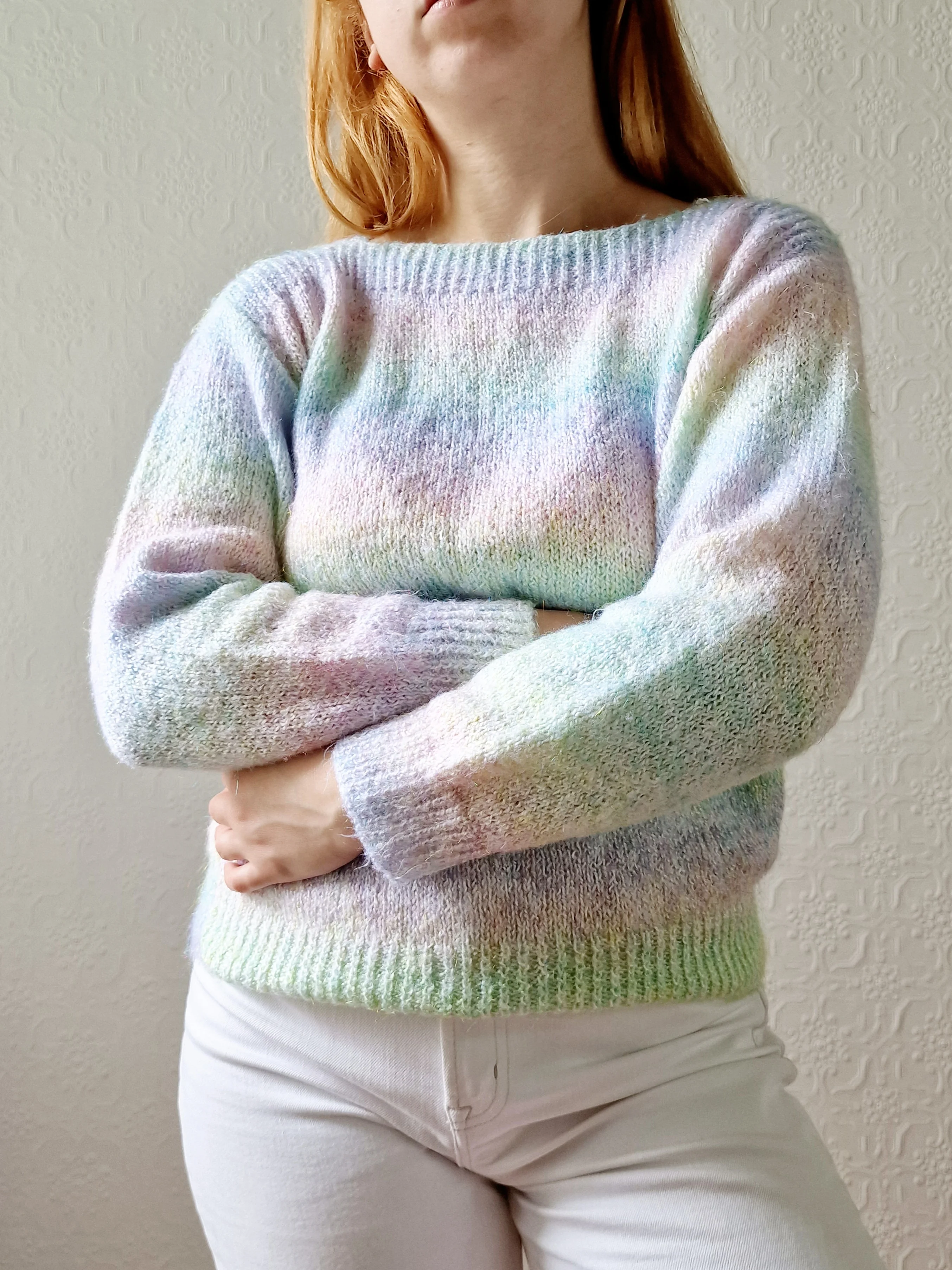 Vintage 80s Pastel Rainbow Handknitted Jumper with Boat Neck - S - Image 7