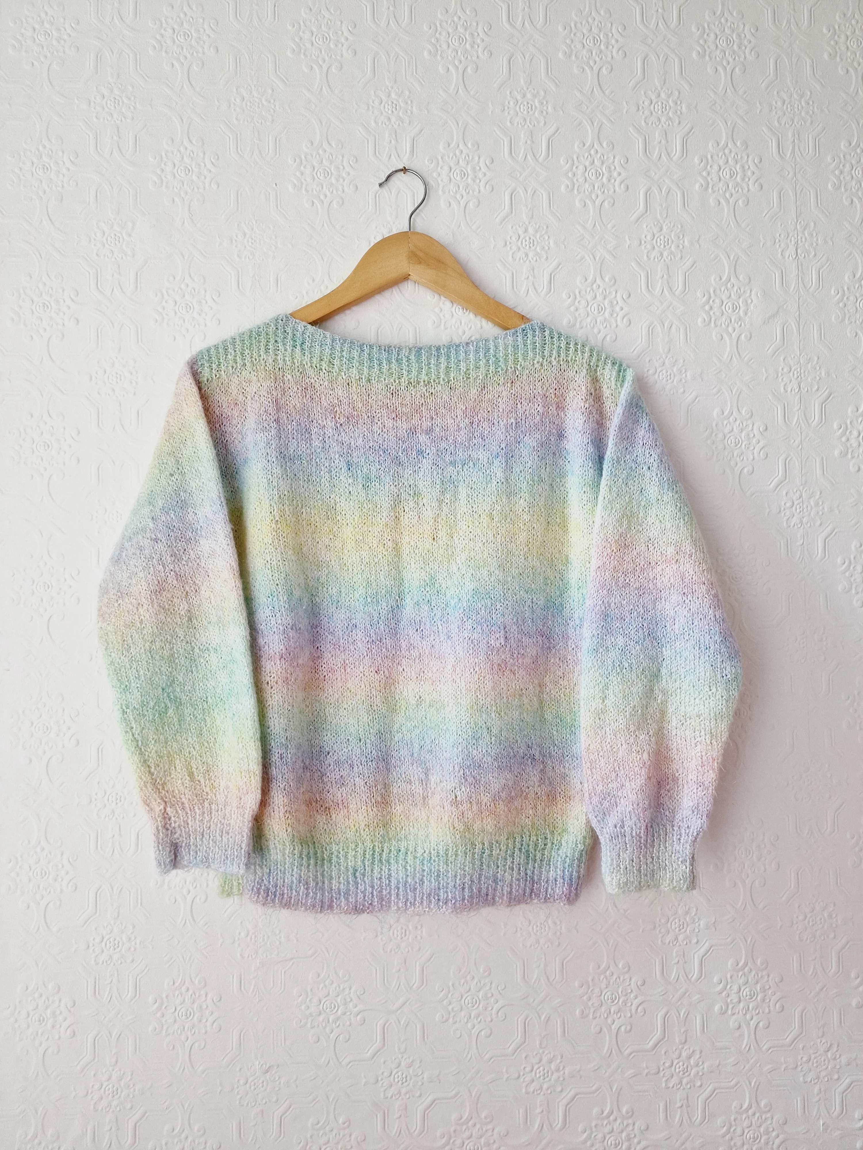 Vintage 80s Pastel Rainbow Handknitted Jumper with Boat Neck - S - Image 8