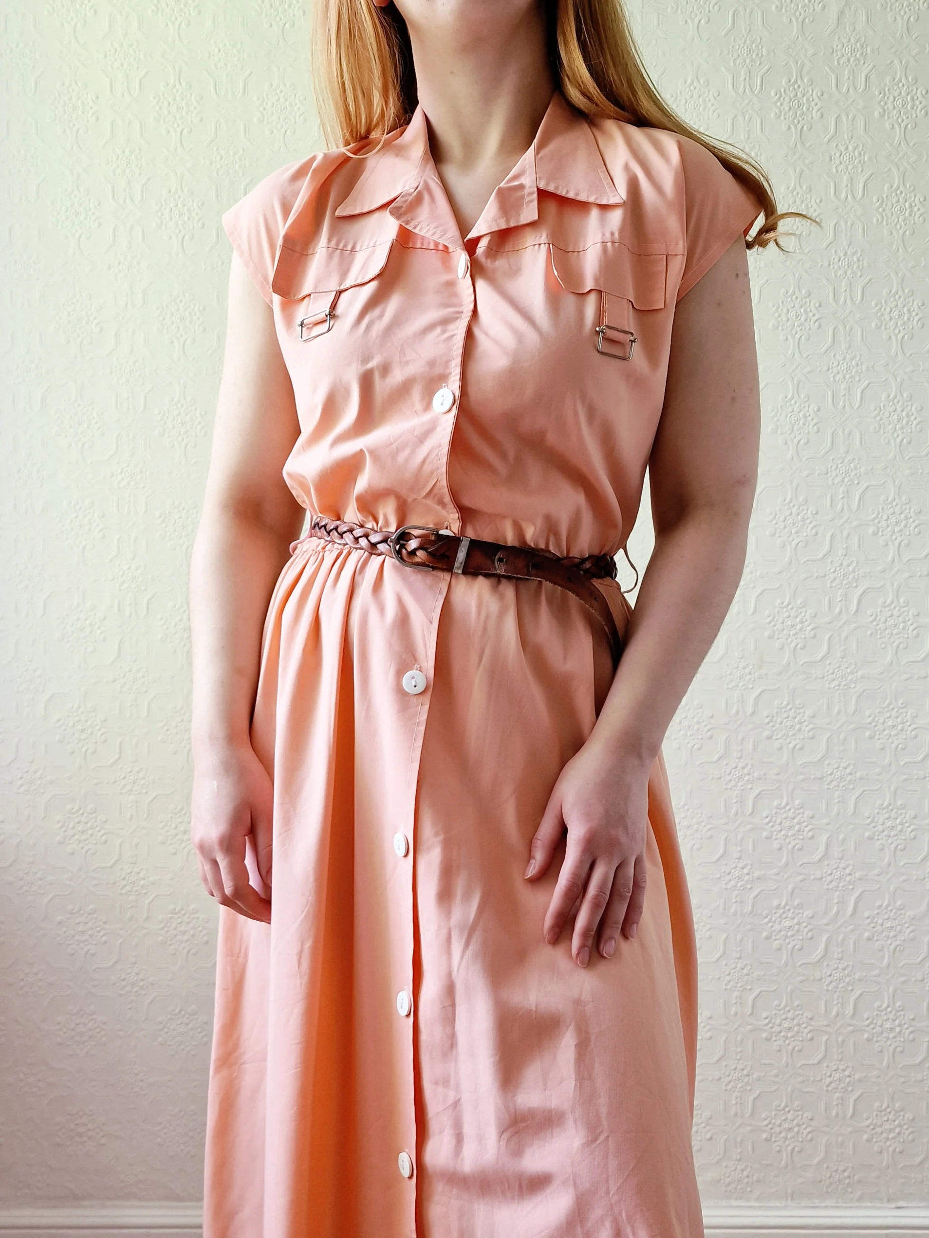 Vintage 80s Peach Cap Sleeve Shirt Dress - M