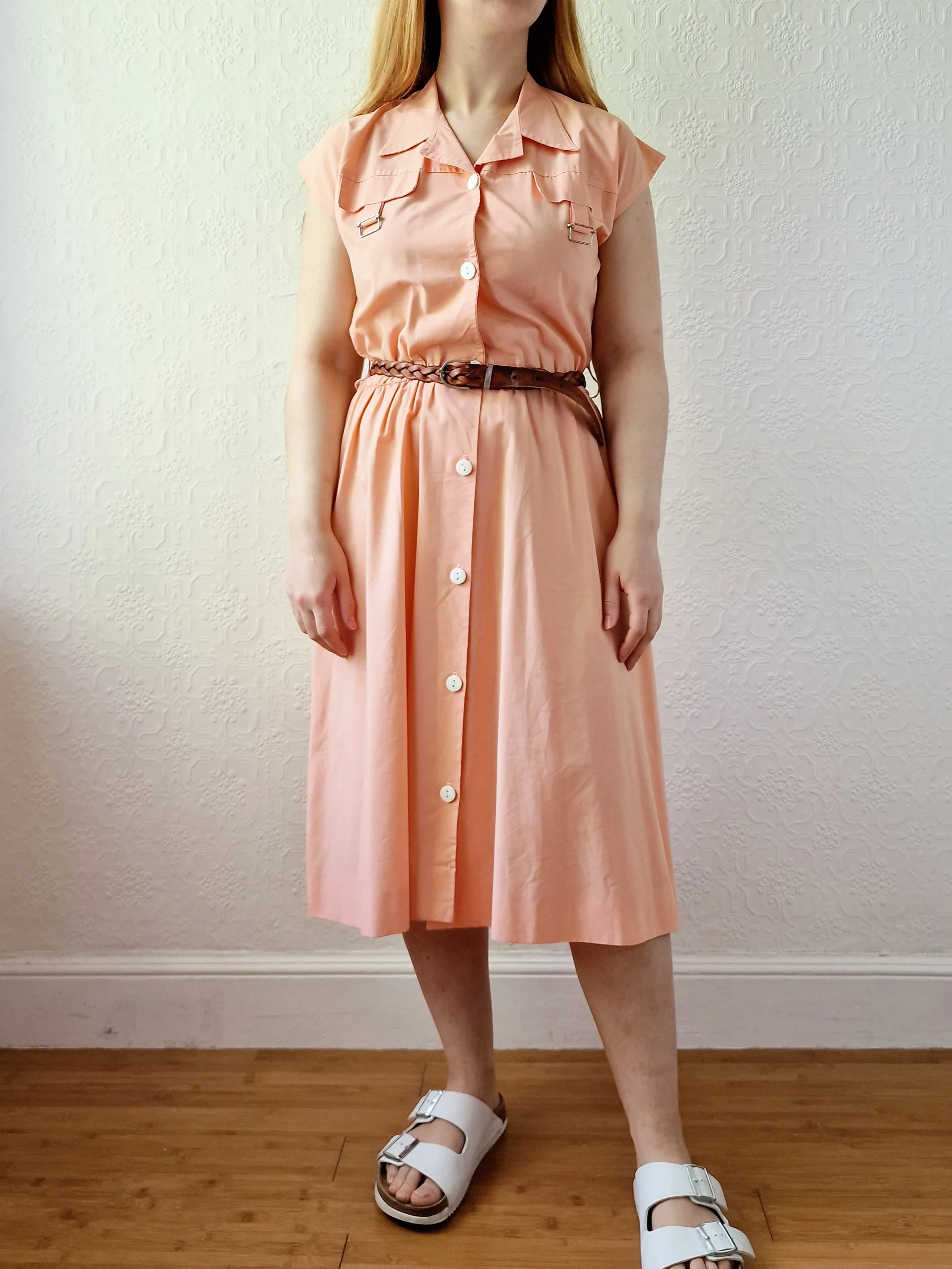 Vintage 80s Peach Cap Sleeve Shirt Dress - M - Image 2