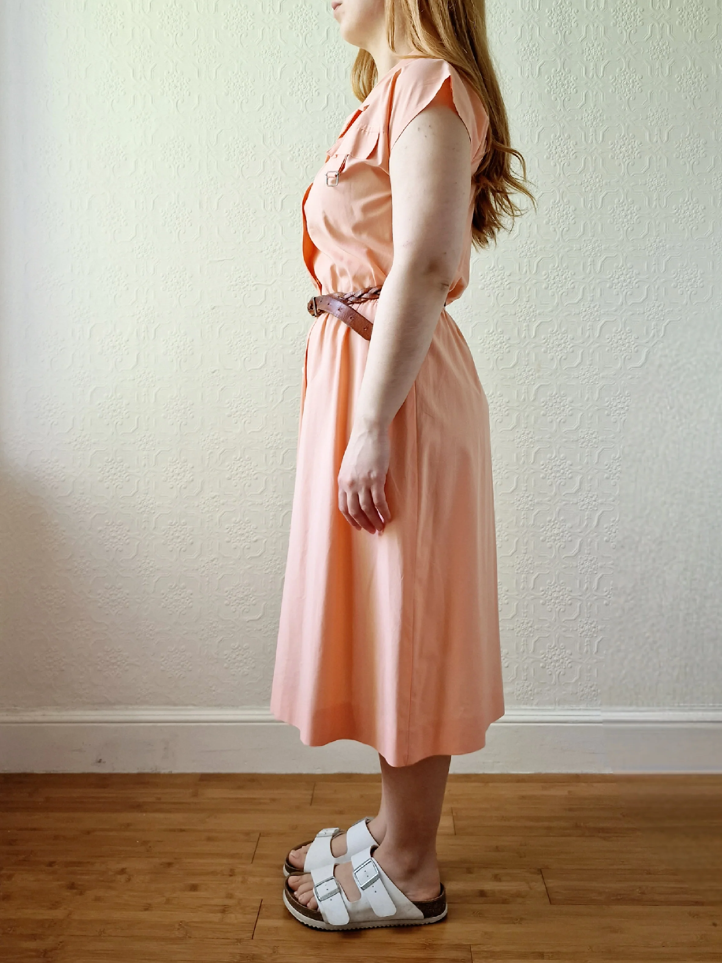 Vintage 80s Peach Cap Sleeve Shirt Dress - M - Image 3