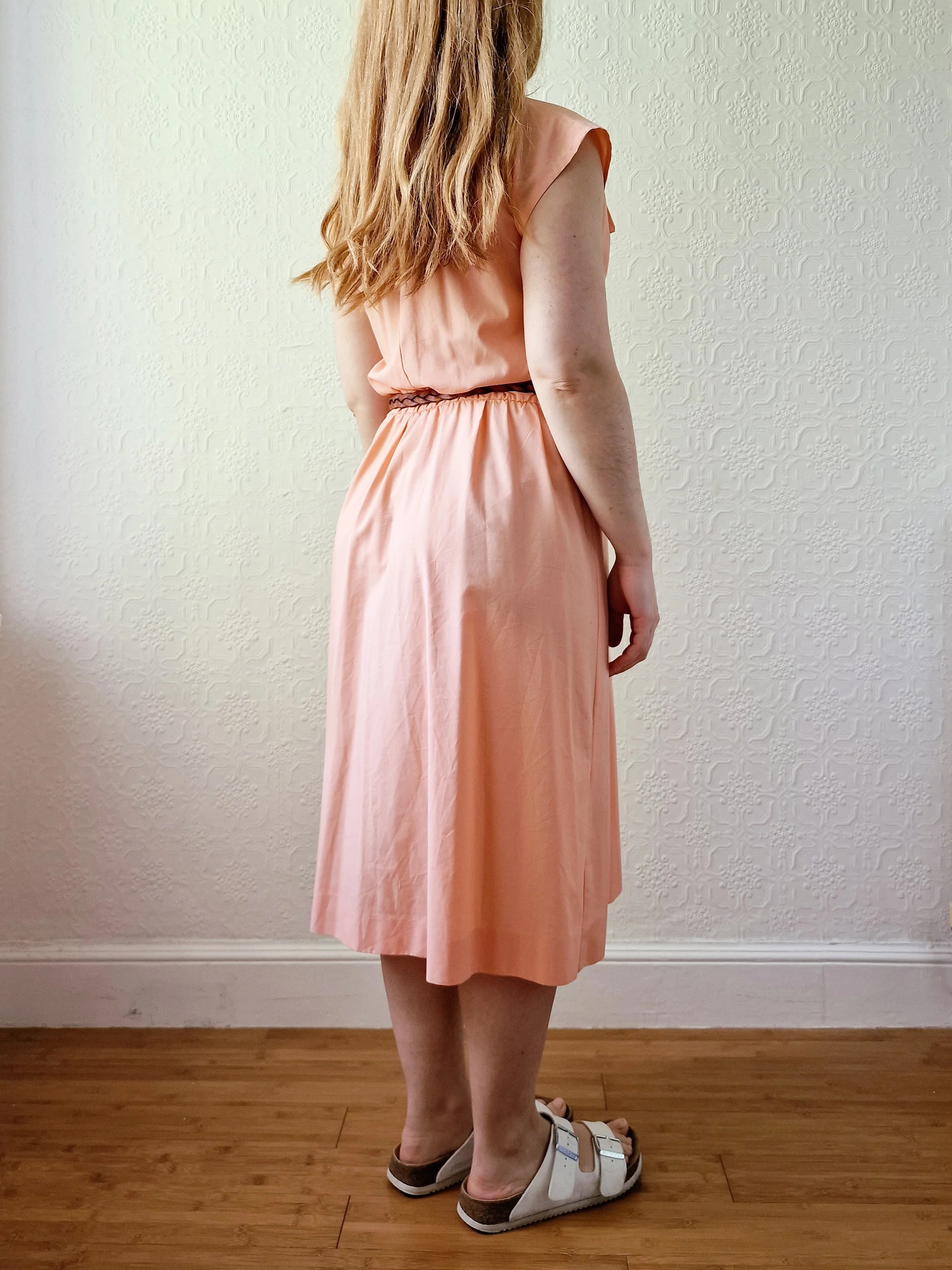 Vintage 80s Peach Cap Sleeve Shirt Dress - M - Image 4