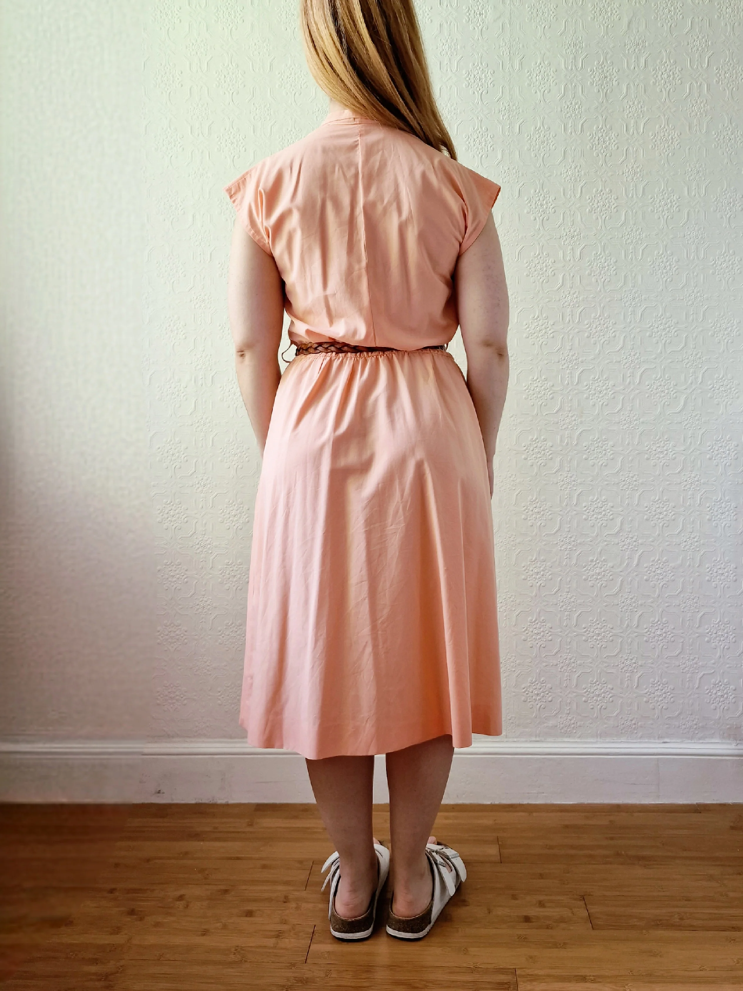 Vintage 80s Peach Cap Sleeve Shirt Dress - M - Image 5
