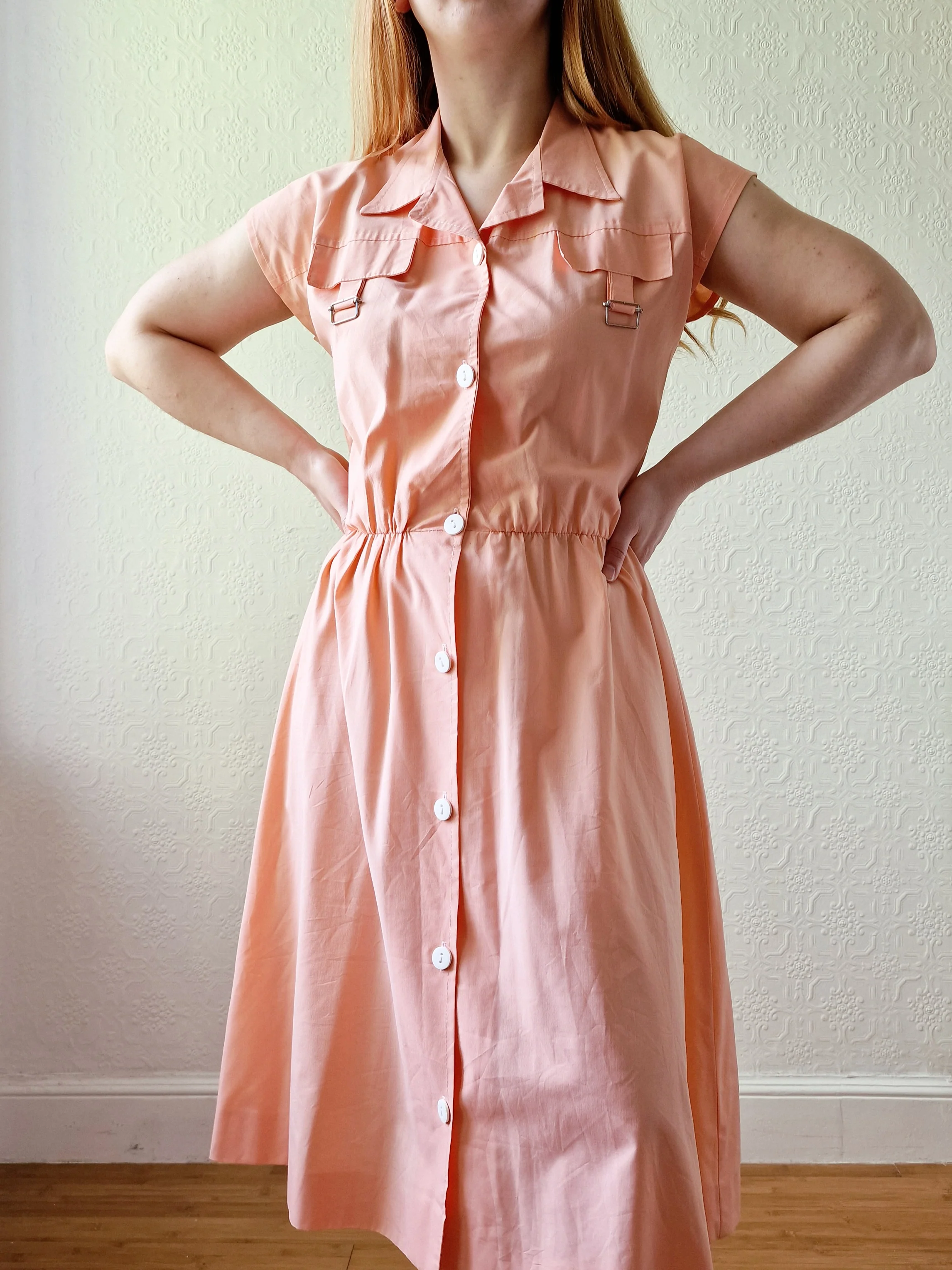 Vintage 80s Peach Cap Sleeve Shirt Dress - M - Image 6