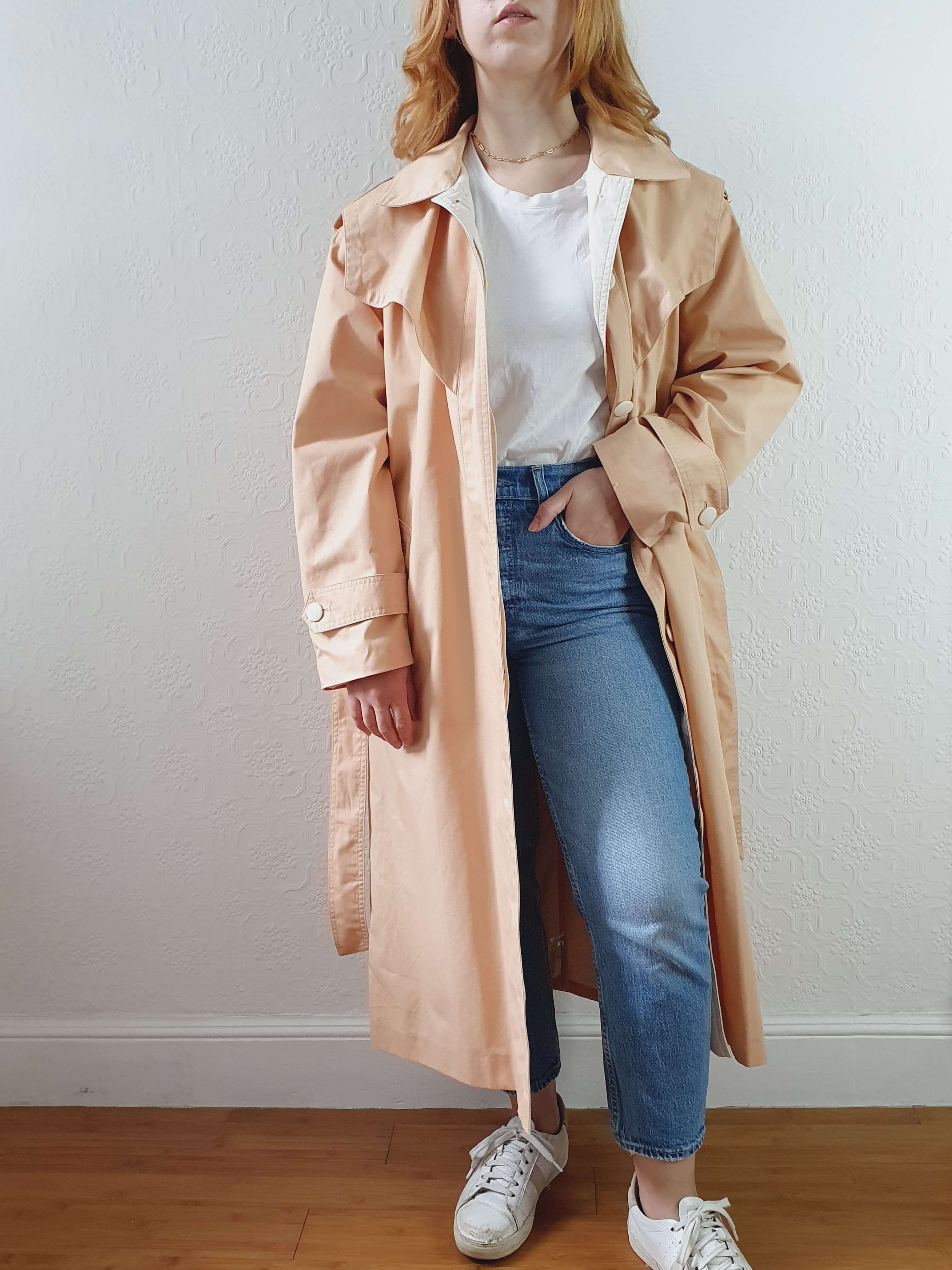 Vintage 80s Peach Single Breasted Trench Coat with Belt - M/L