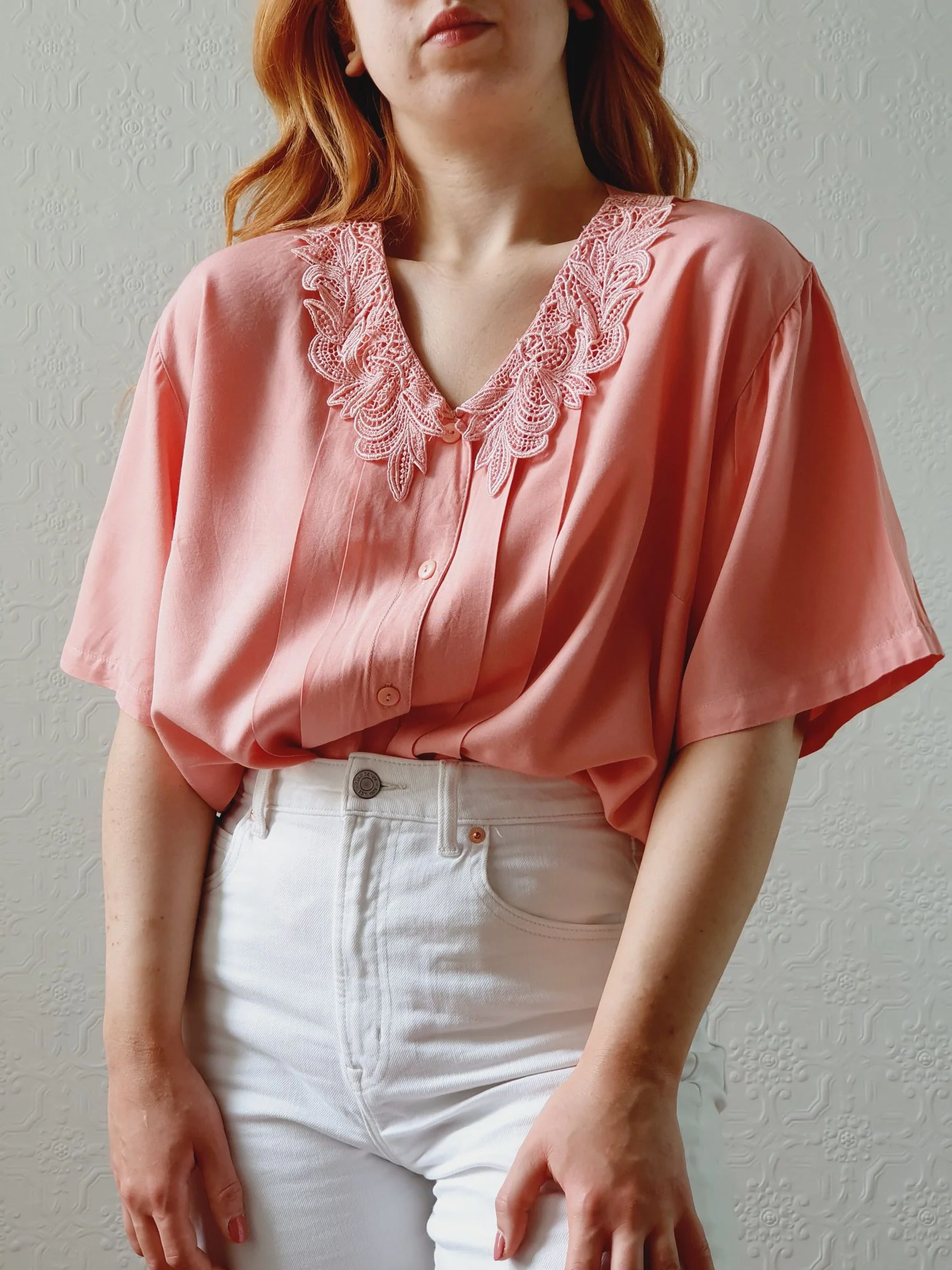 Vintage 80s Pink Short Sleeve Blouse with Lace Collar - M/L