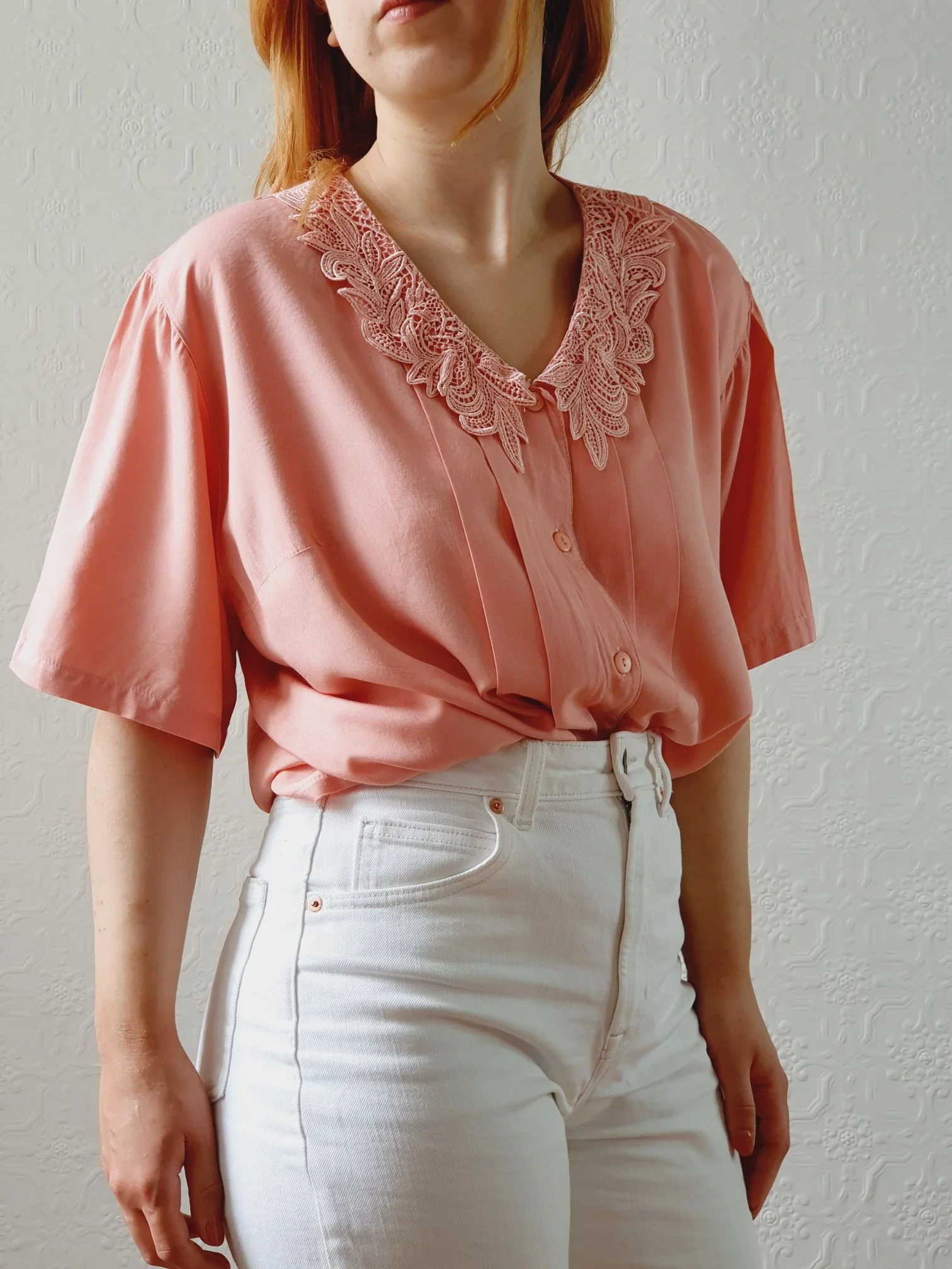 Vintage 80s Pink Short Sleeve Blouse with Lace Collar - M/L - Image 2