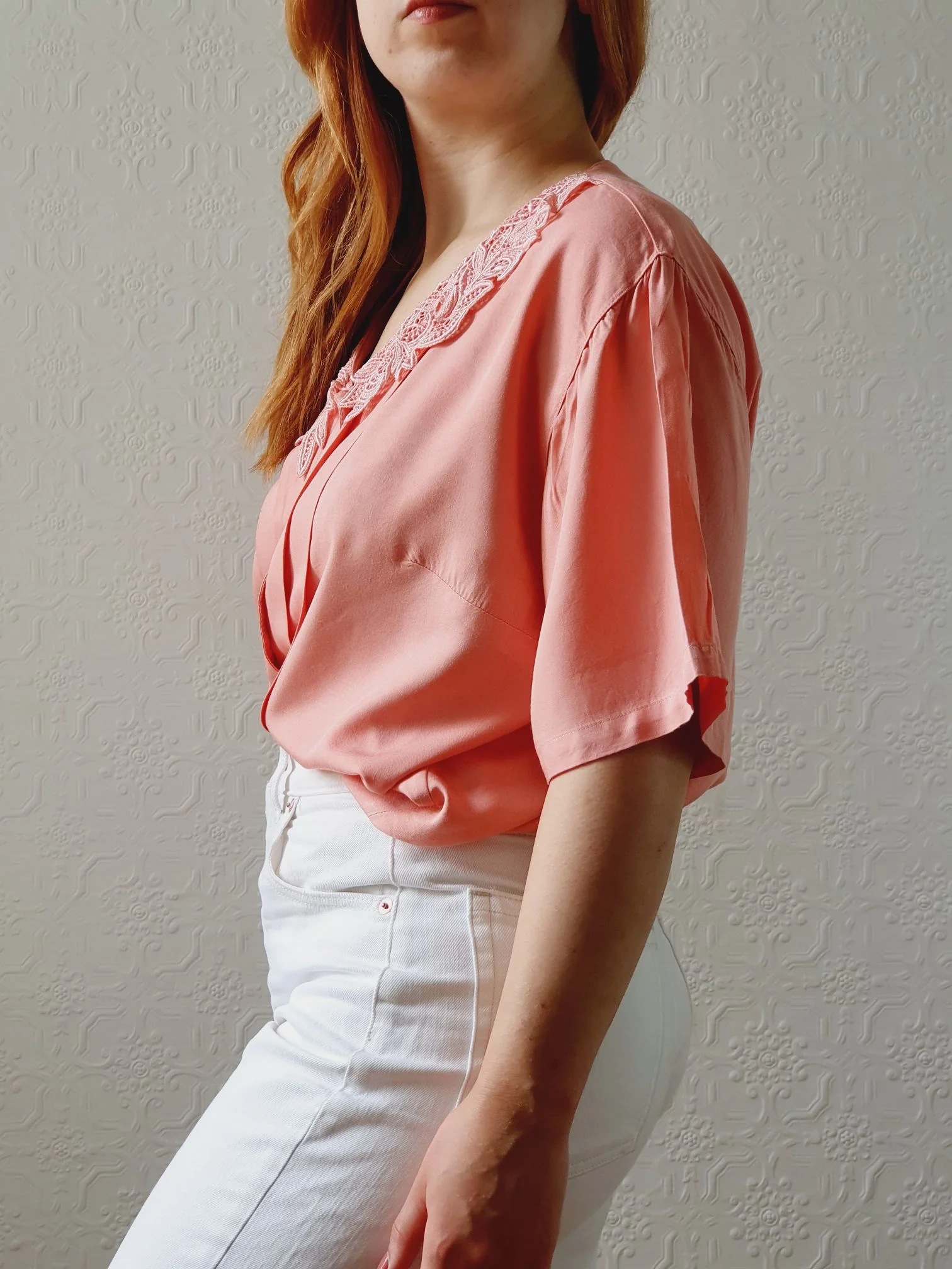 Vintage 80s Pink Short Sleeve Blouse with Lace Collar - M/L - Image 3