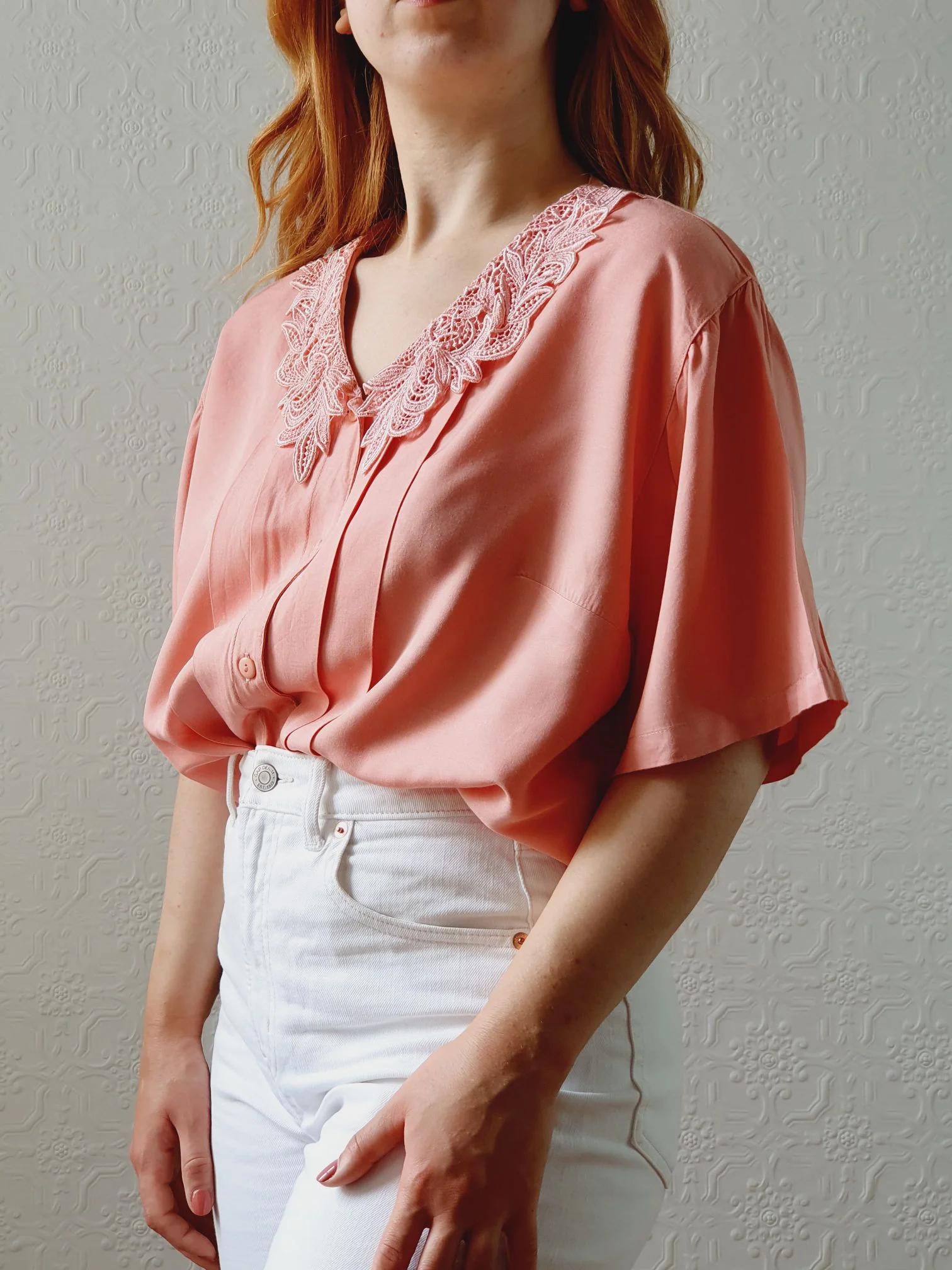 Vintage 80s Pink Short Sleeve Blouse with Lace Collar - M/L - Image 4