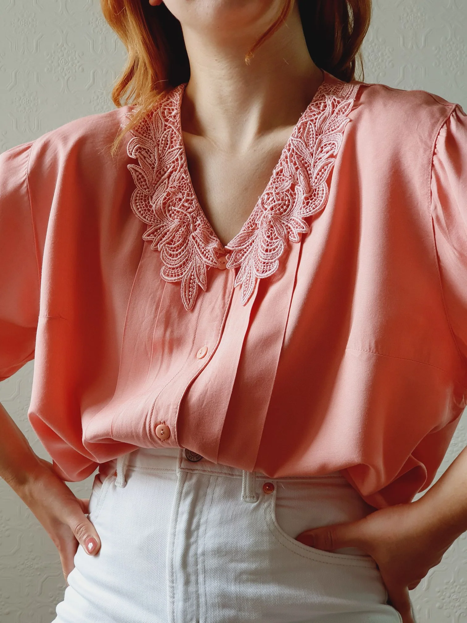 Vintage 80s Pink Short Sleeve Blouse with Lace Collar - M/L - Image 5