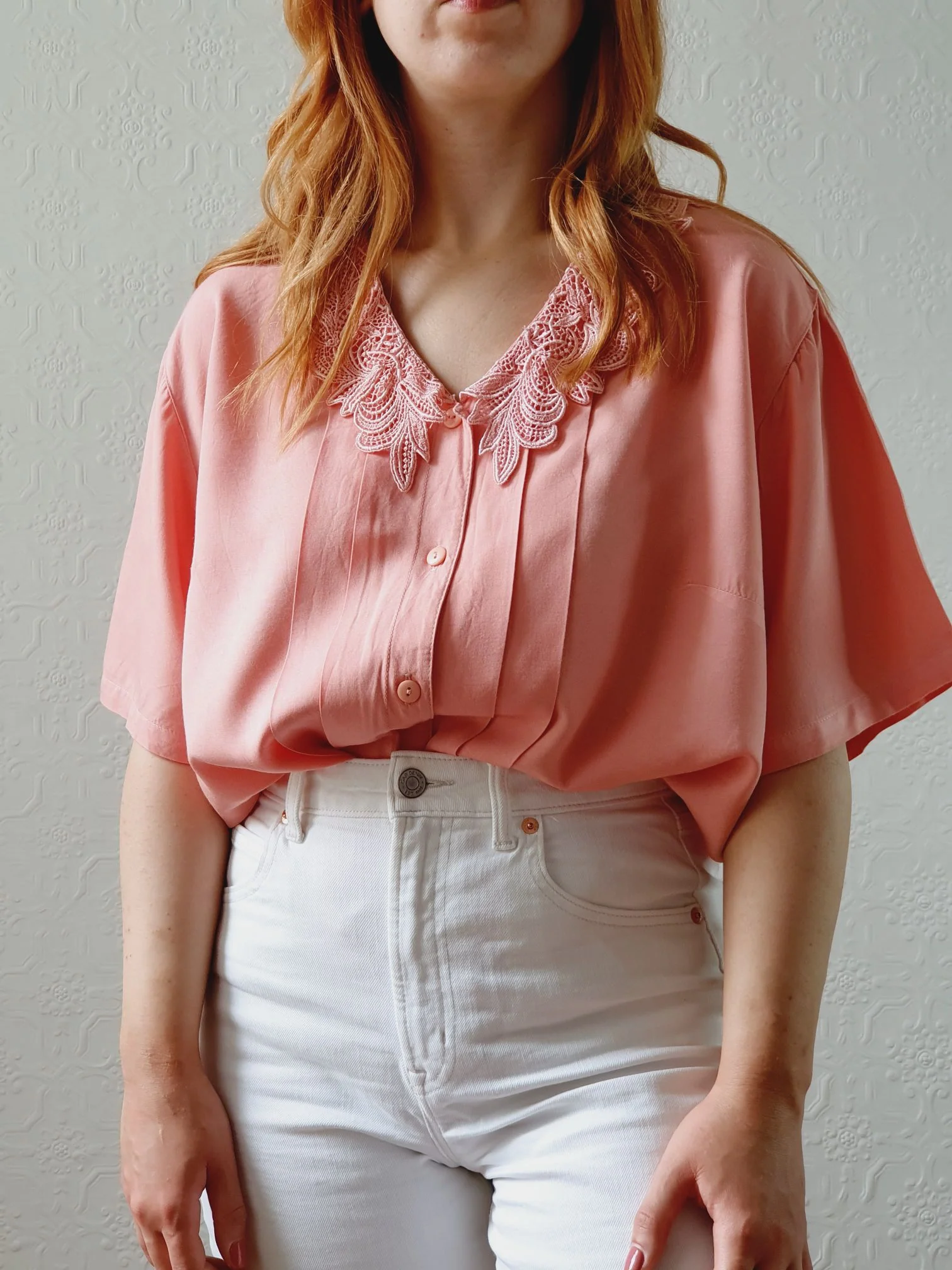 Vintage 80s Pink Short Sleeve Blouse with Lace Collar - M/L - Image 7