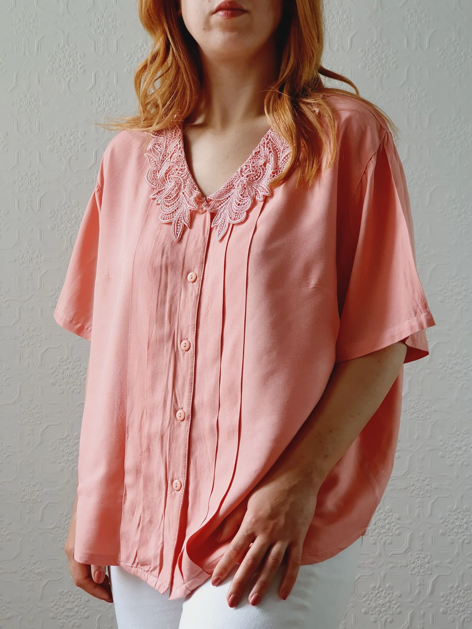 Vintage 80s Pink Short Sleeve Blouse with Lace Collar - M/L - Image 8