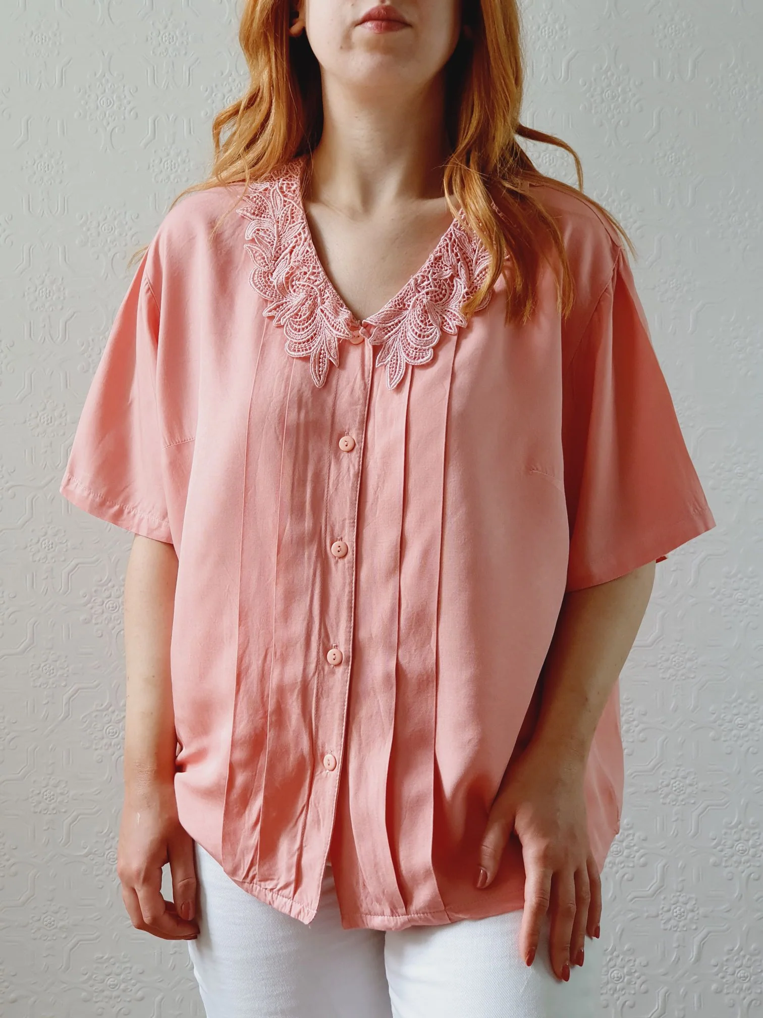 Vintage 80s Pink Short Sleeve Blouse with Lace Collar - M/L - Image 9