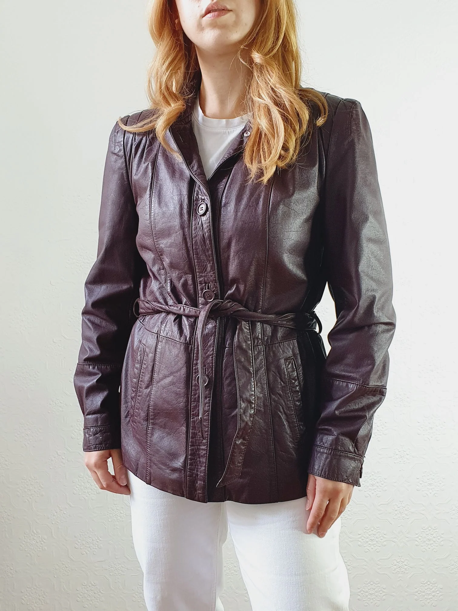 Vintage 80s Plum Purple Genuine Leather Jacket with Belt - S/M