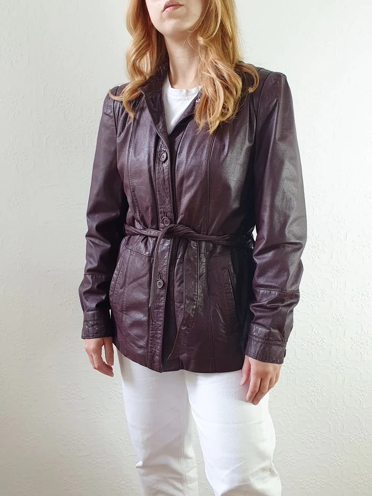 Vintage 80s Plum Purple Genuine Leather Jacket with Belt - S/M - Image 10