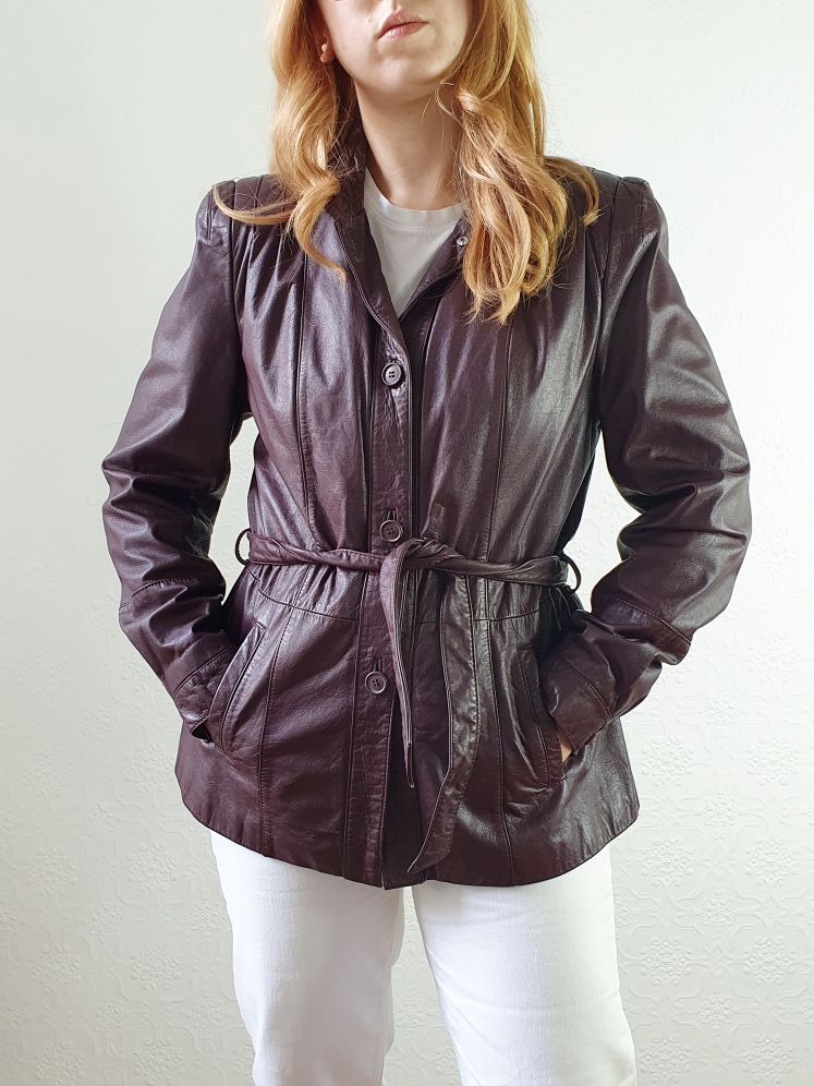 Vintage 80s Plum Purple Genuine Leather Jacket with Belt - S/M - Image 11